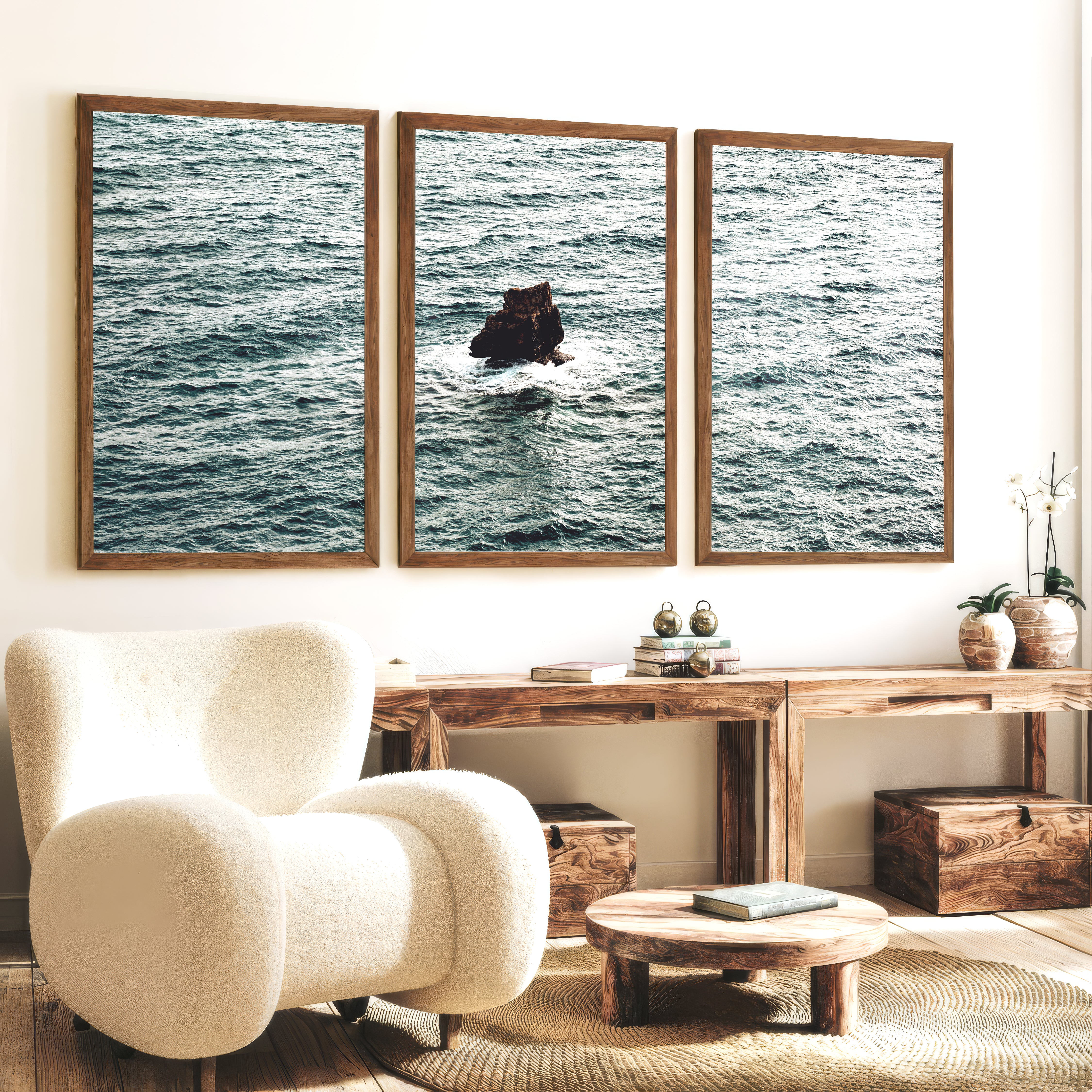 Sea Rock Ocean Wall Decor for Bathroom - Dark Brown Framed Poster No Border - Artworksets