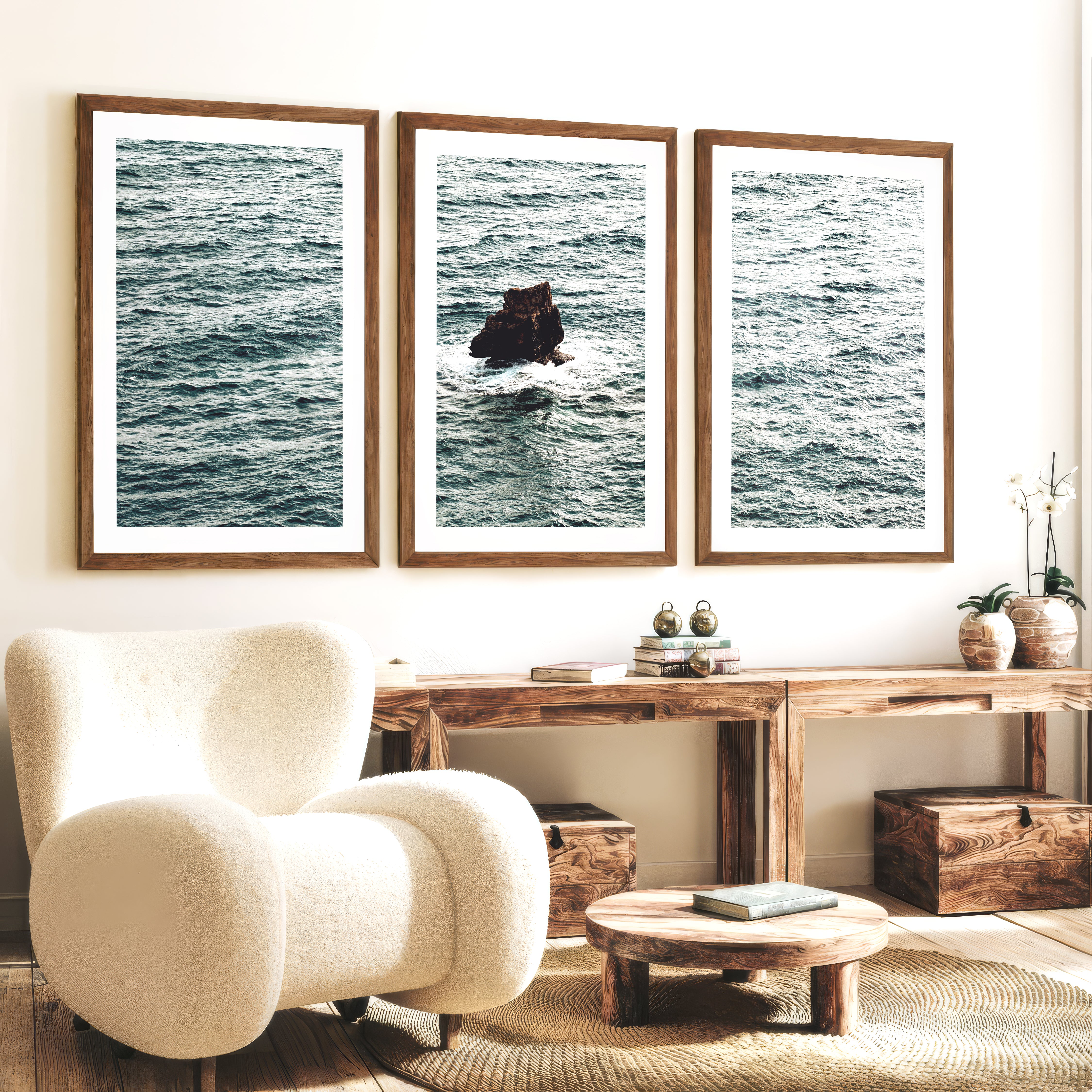 Sea Rock Ocean Wall Decor for Bathroom - Dark Brown Framed Poster with White Border - Artworksets