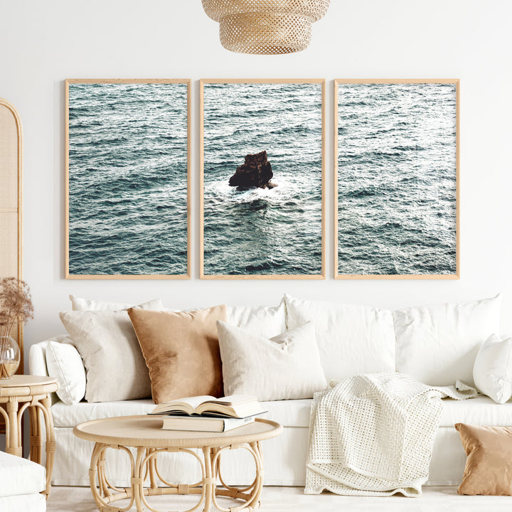 Sea Rock Ocean Wall Decor for Bathroom - Natural Wood Framed Poster No Border - Artworksets