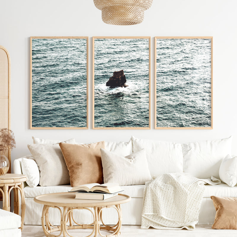 Sea Rock Ocean Wall Decor for Bathroom - Natural Wood Framed Poster No Border - Artworksets