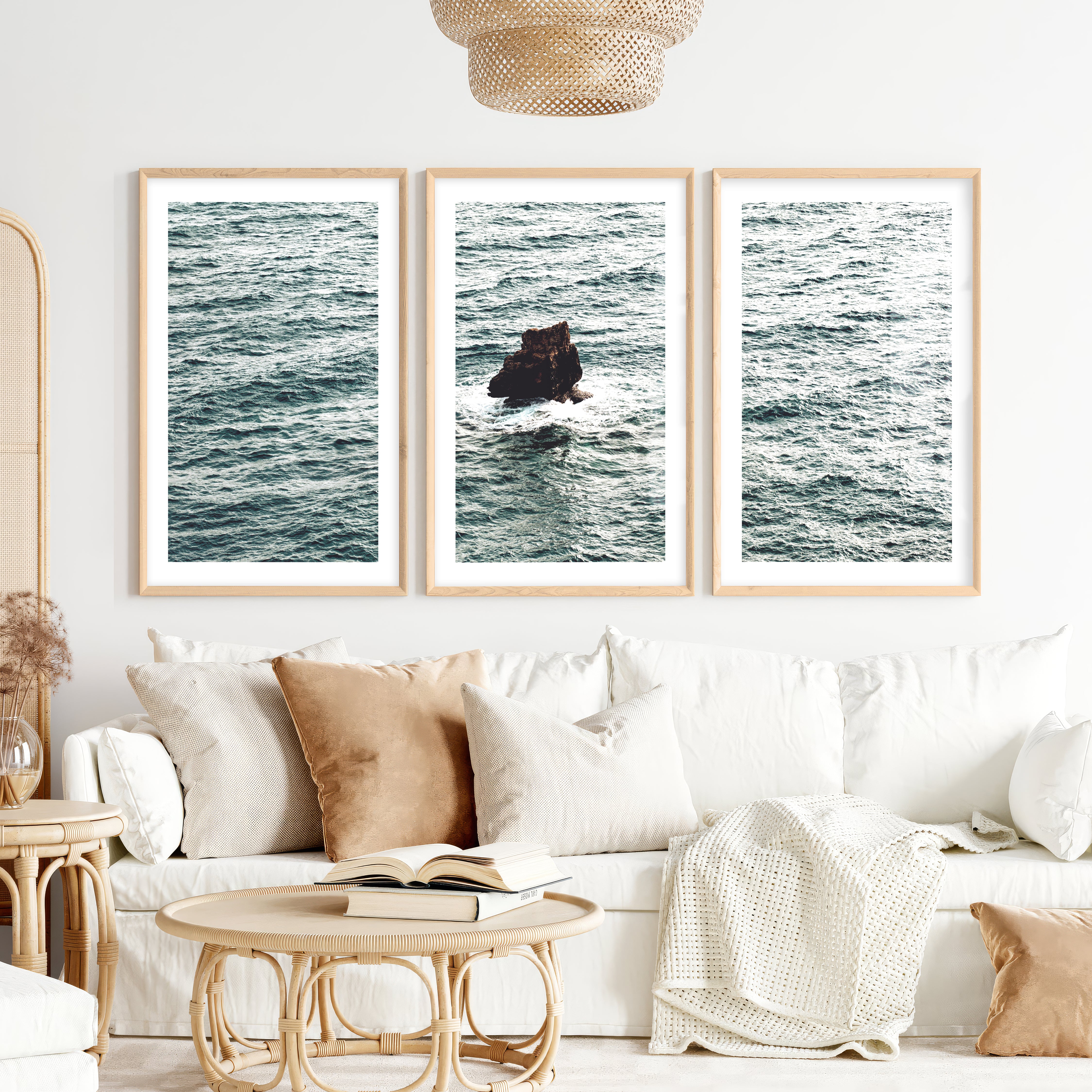 Sea Rock Ocean Wall Decor for Bathroom- Natural Wood Framed Poster with White Border - Artworksets