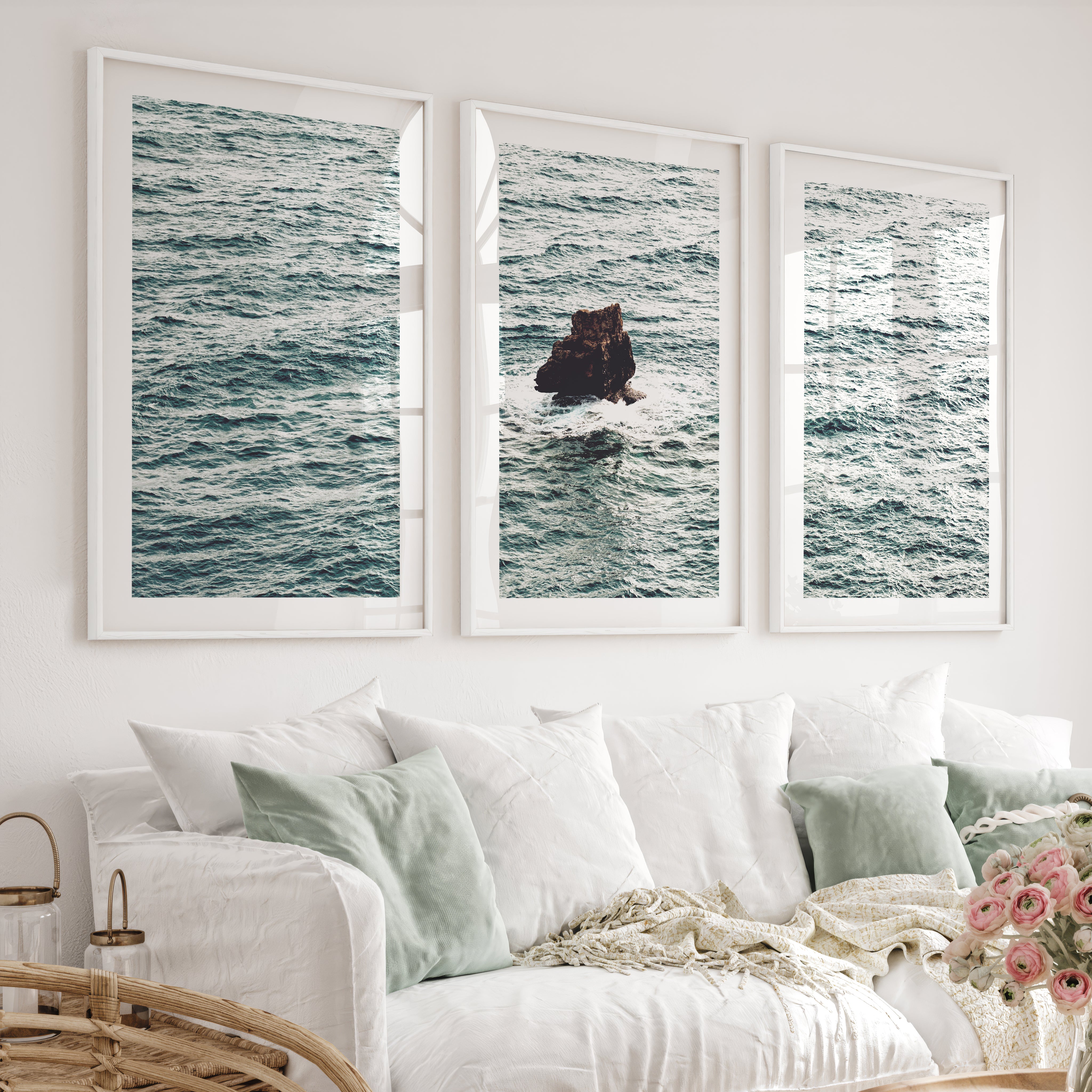 Sea Rock Ocean Wall Decor for Bathroom - White Framed Poster with White Border - Artworksets