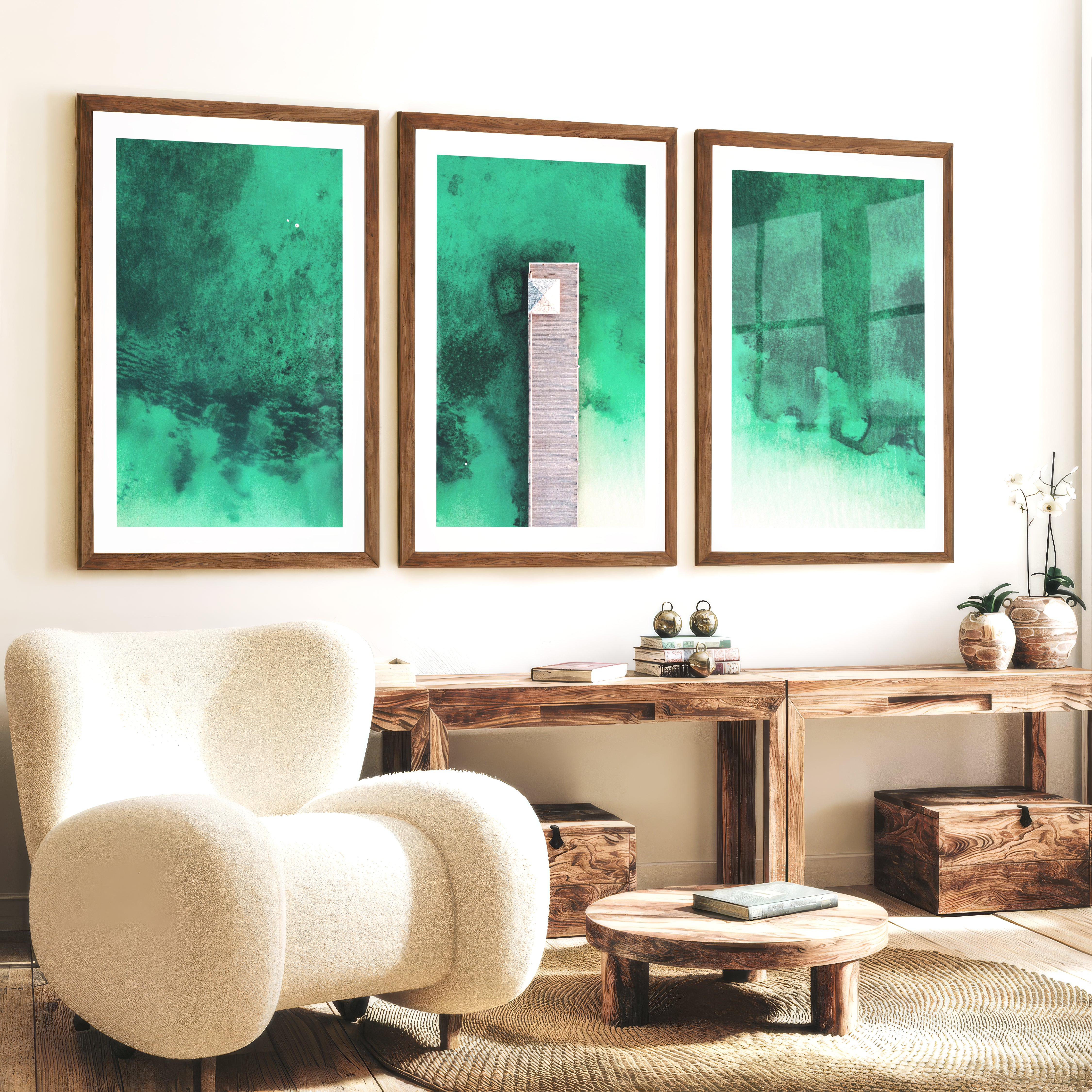 Aerial Pier Ocean Wall Decor for Bedroom - Dark Brown Framed Poster with White Border - Artworksets