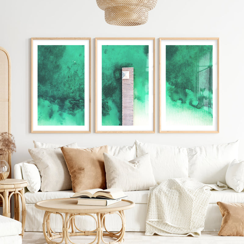 Aerial Pier Ocean Wall Decor for Bedroom- Natural Wood Framed Poster with White Border - Artworksets
