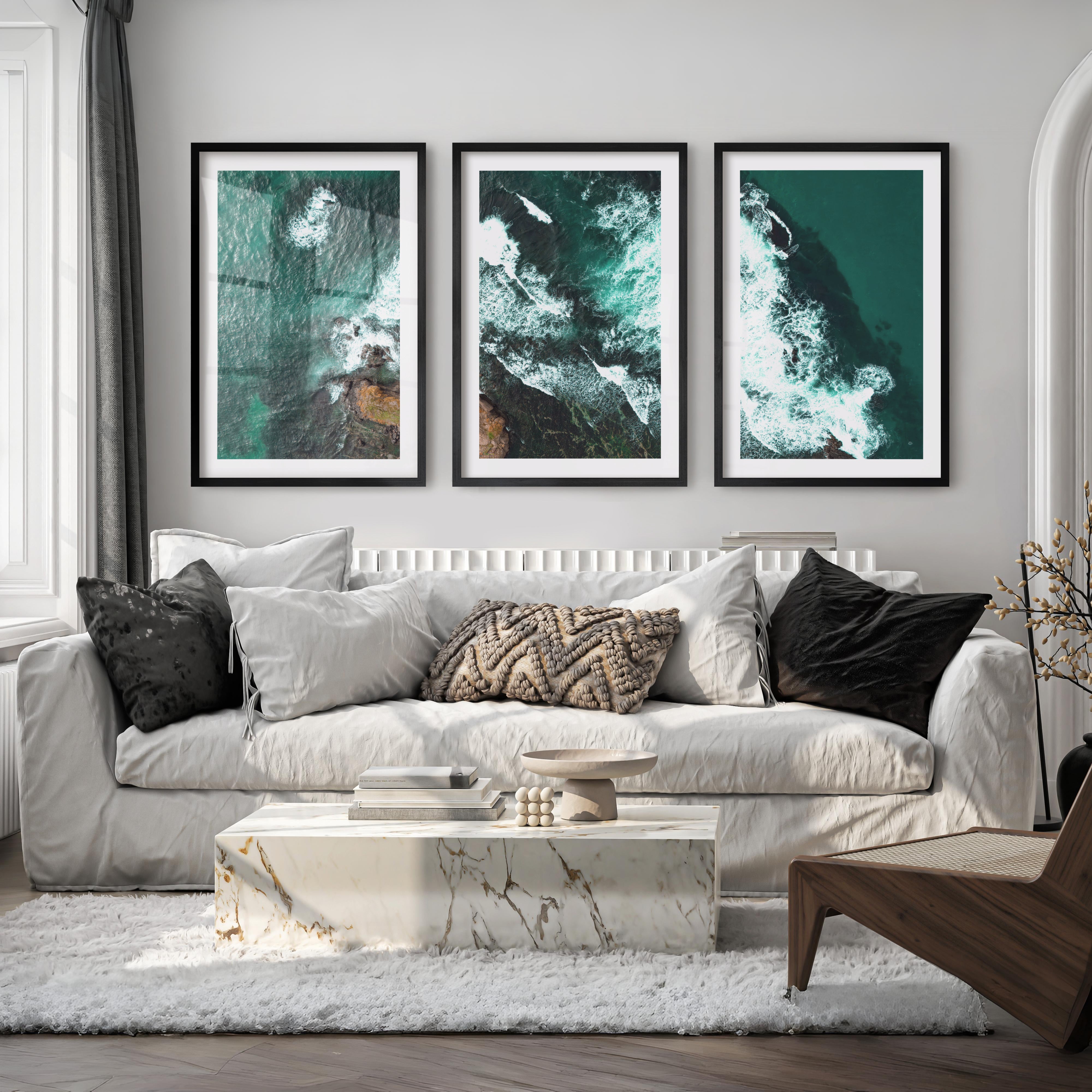 Turquoise Breakers ocean wall decor - Black Framed Poster with White Border - Artworksets