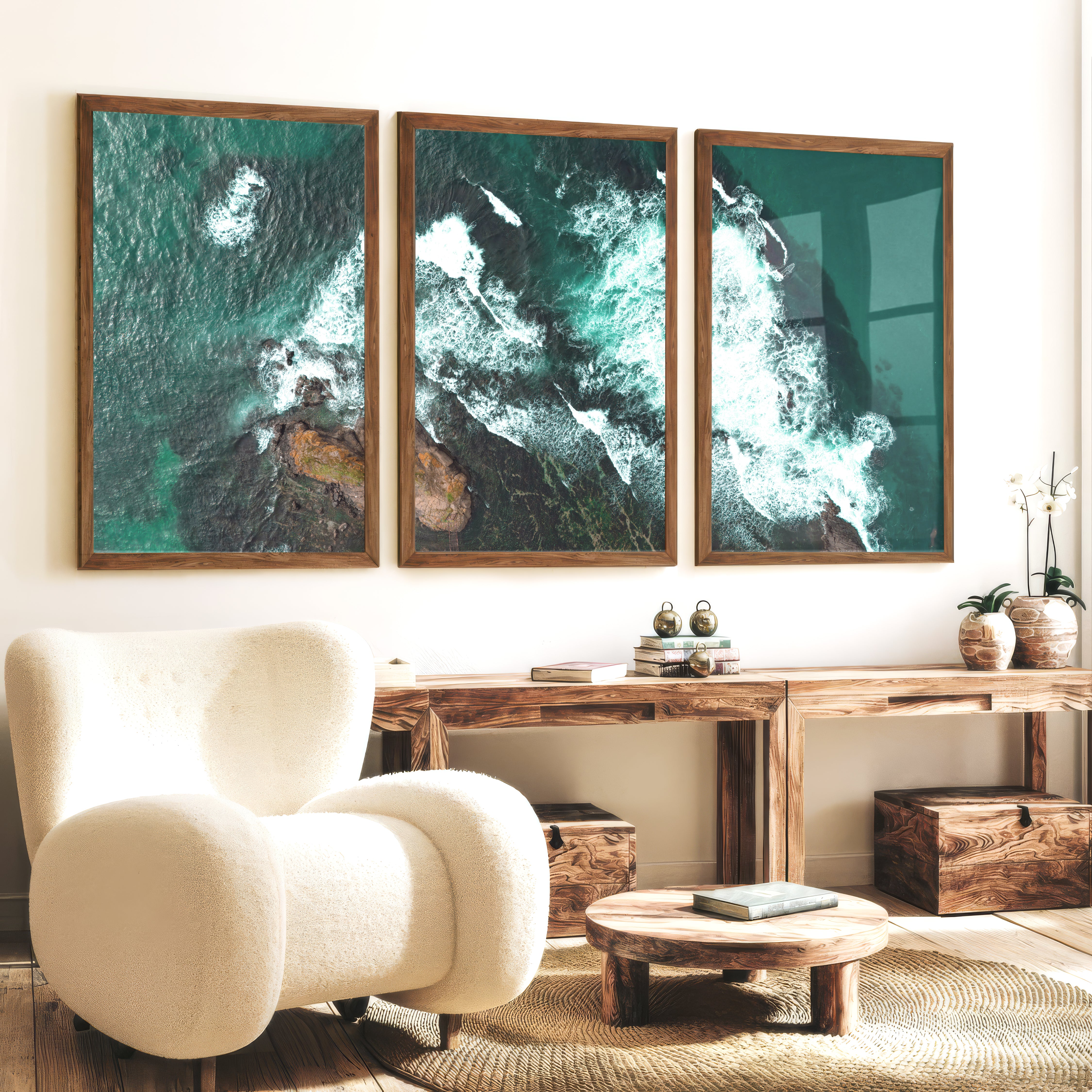 Turquoise Breakers ocean wall decor - Dark Brown Framed Poster No Border - Artworksets