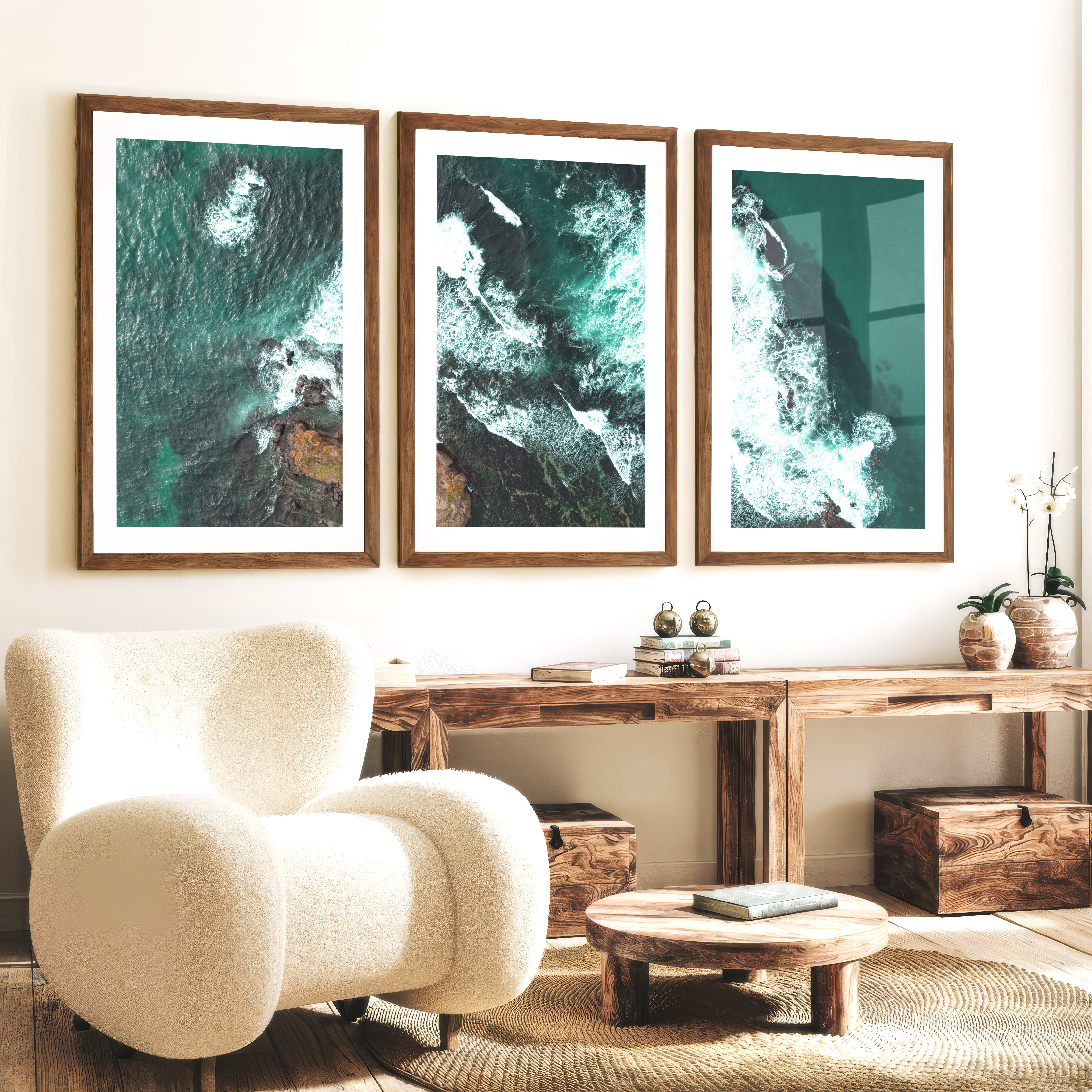 Turquoise Breakers ocean wall decor - Dark Brown Framed Poster with White Border - Artworksets