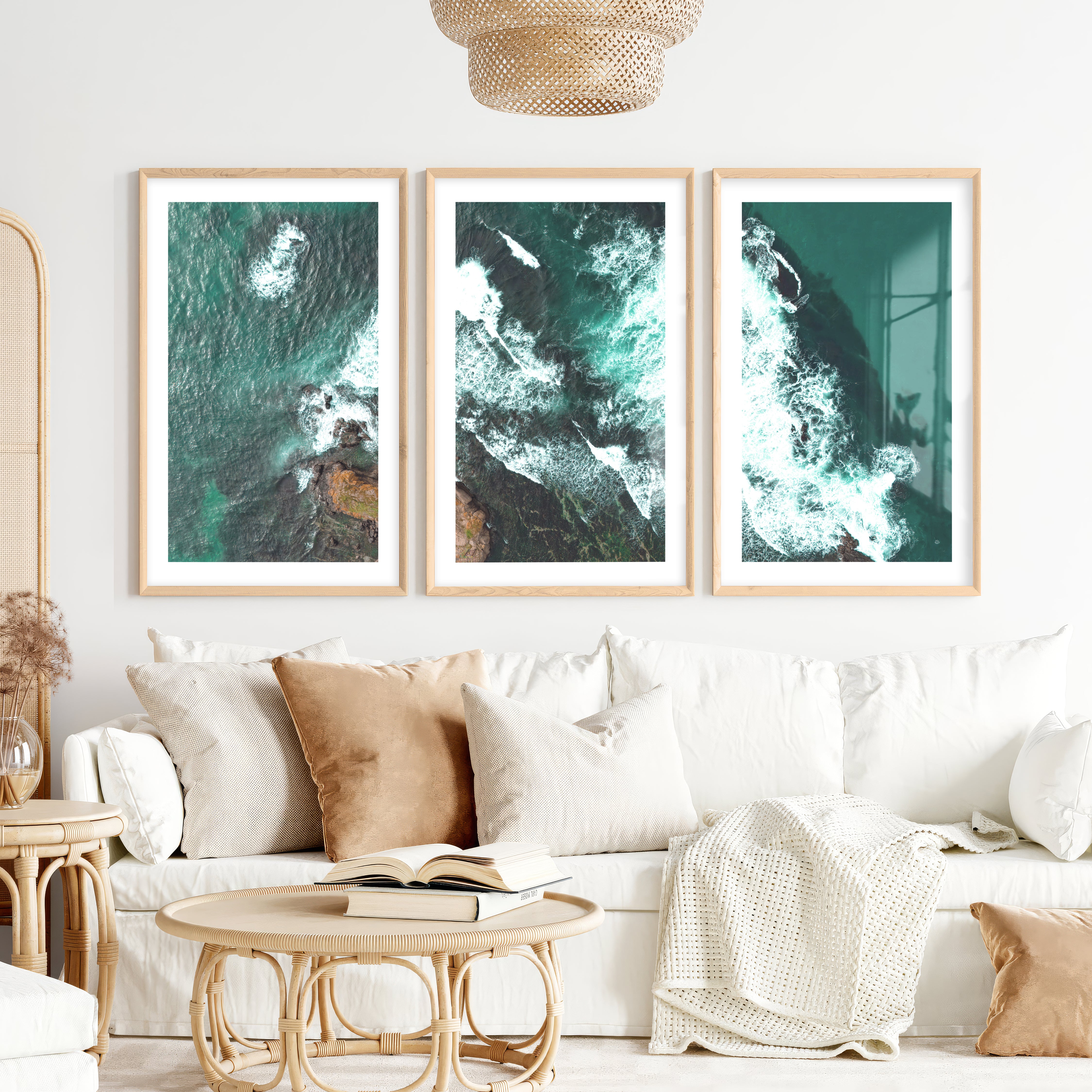 Turquoise Breakers ocean wall decor- Natural Wood Framed Poster with White Border - Artworksets