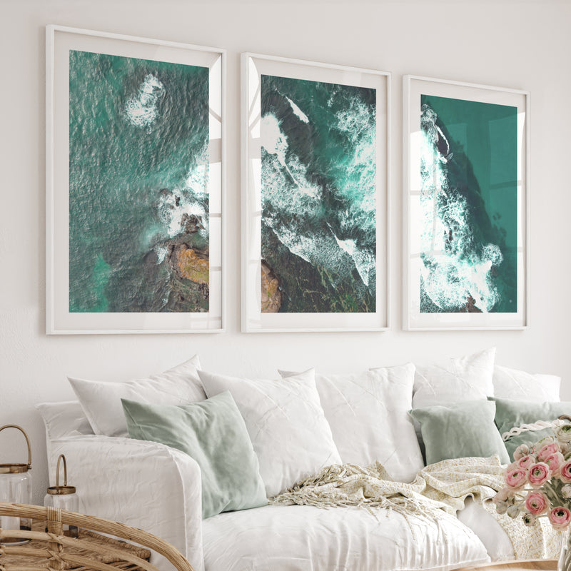 Turquoise Breakers ocean wall decor - White Framed Poster with White Border - Artworksets