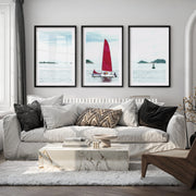 Red Sailboat ocean wall poster - Black Framed Poster with White Border - Artworksets