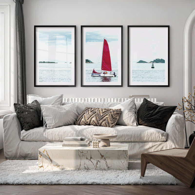 Red Sailboat ocean wall poster - Black Framed Poster with White Border - Artworksets