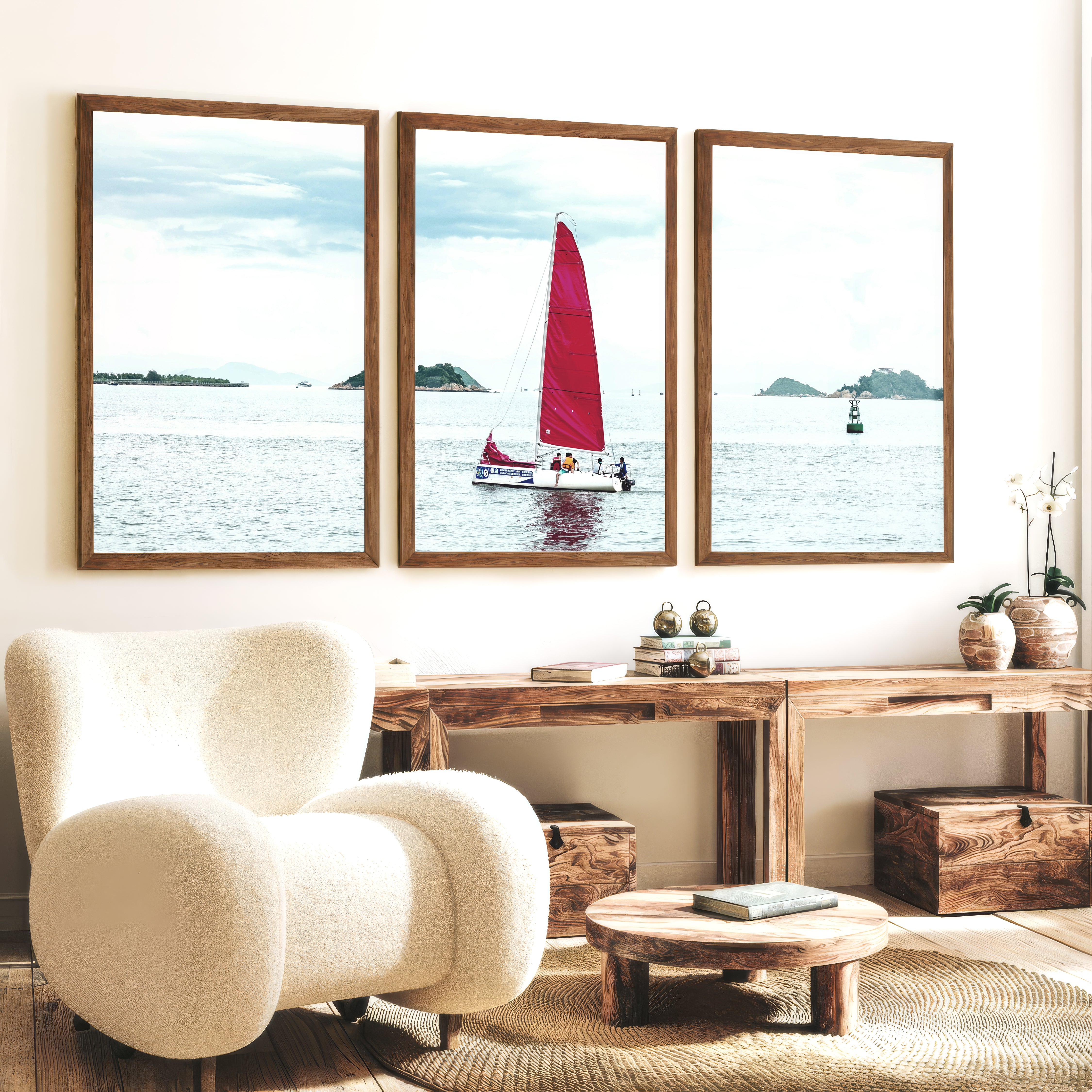 Red Sailboat ocean wall poster - Dark Brown Framed Poster No Border - Artworksets