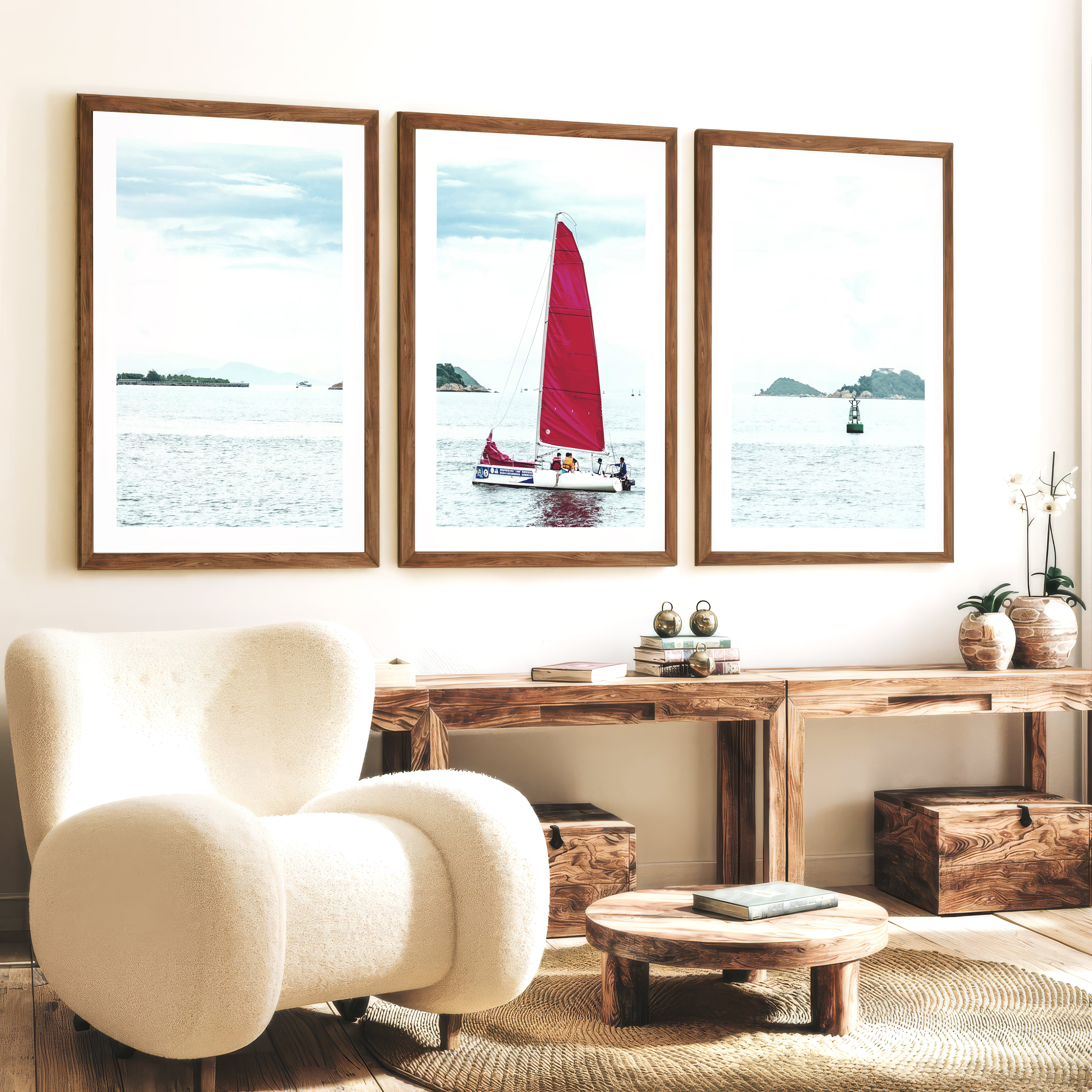 Red Sailboat ocean wall poster - Dark Brown Framed Poster with White Border - Artworksets