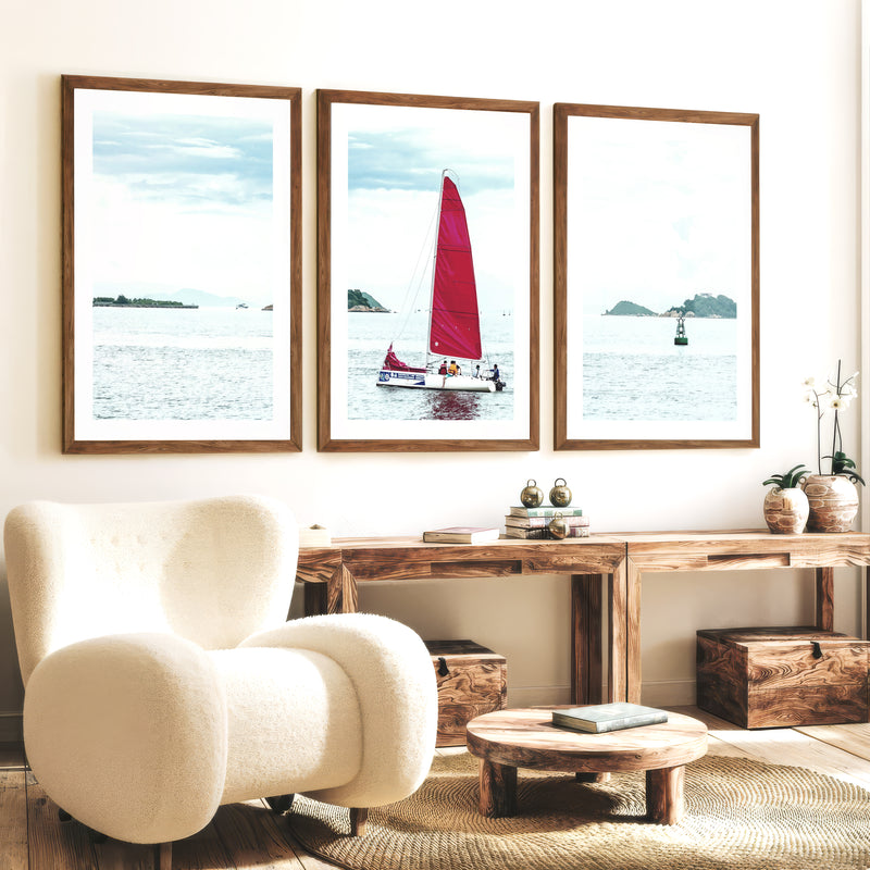 Red Sailboat ocean wall poster - Dark Brown Framed Poster with White Border - Artworksets