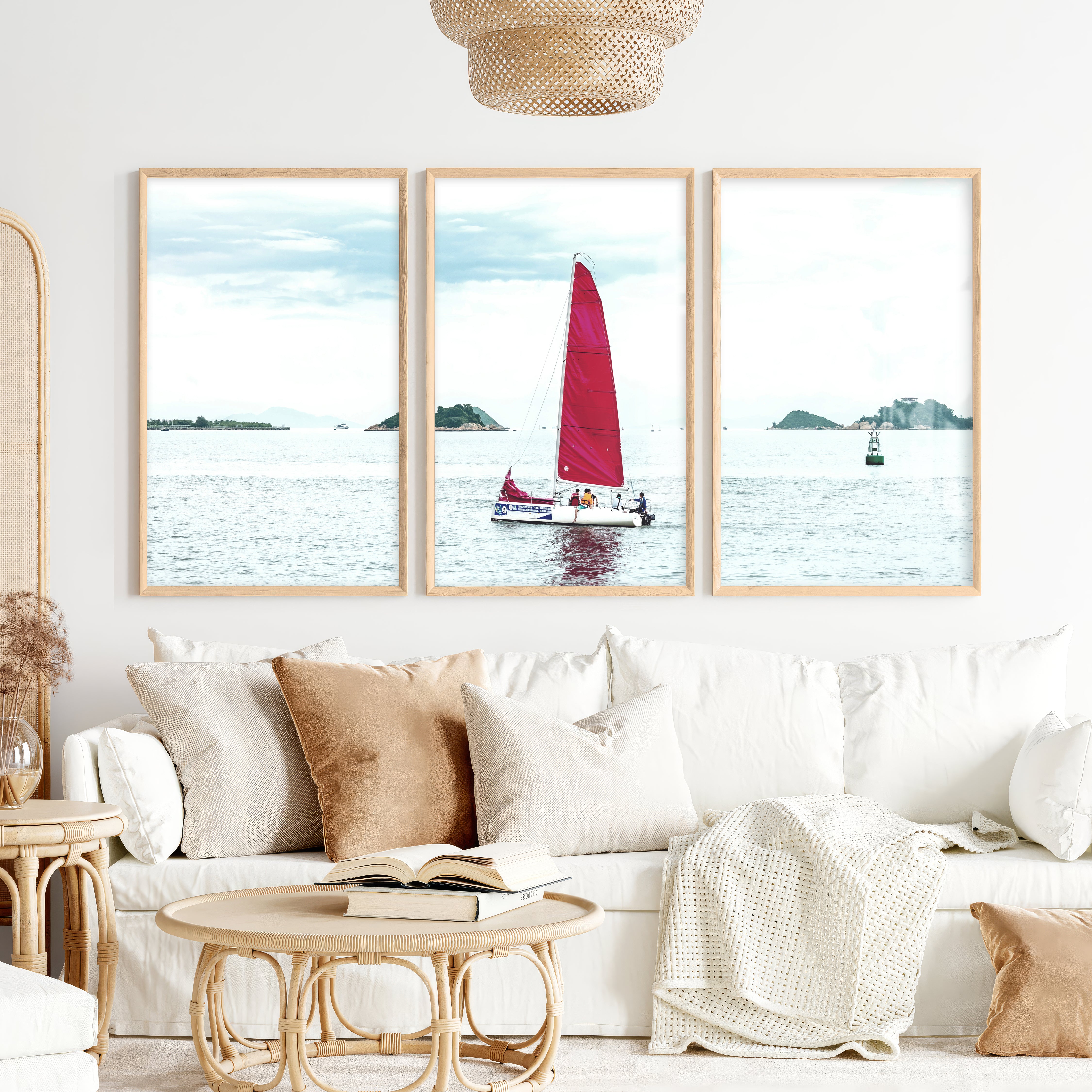 Red Sailboat ocean wall poster - Natural Wood Framed Poster No Border - Artworksets