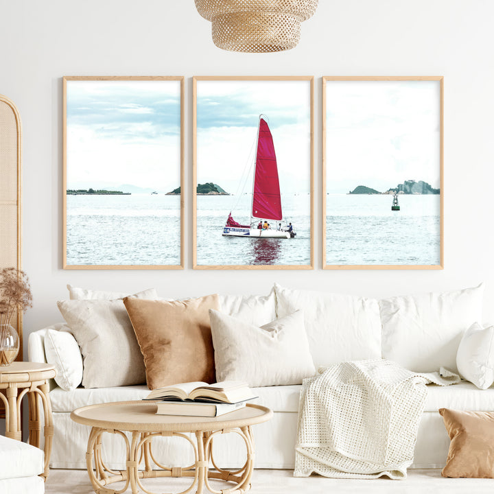 Red Sailboat ocean wall poster - Natural Wood Framed Poster No Border - Artworksets