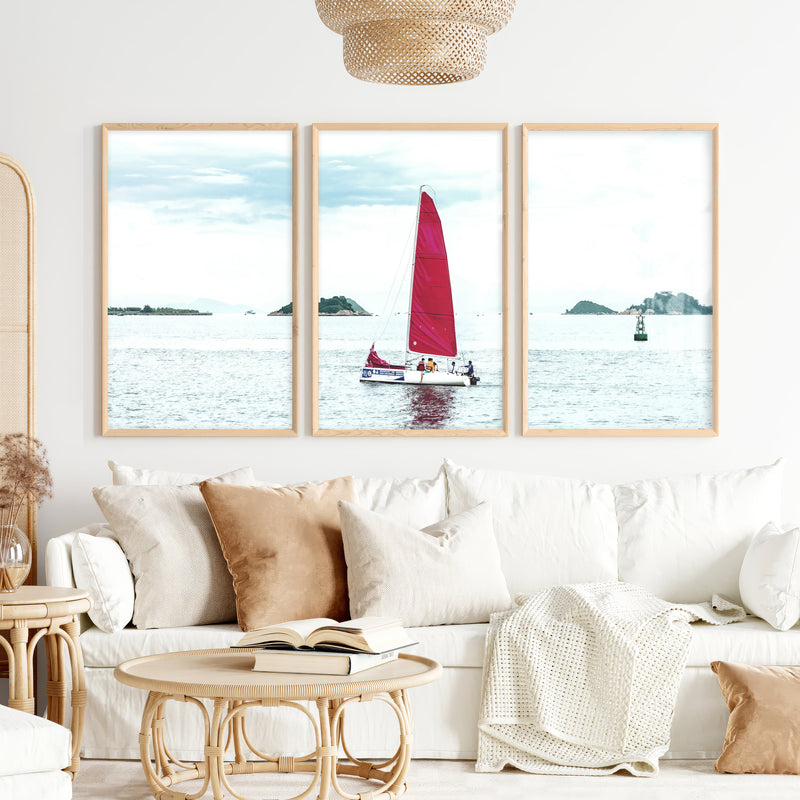 Red Sailboat ocean wall poster - Natural Wood Framed Poster No Border - Artworksets