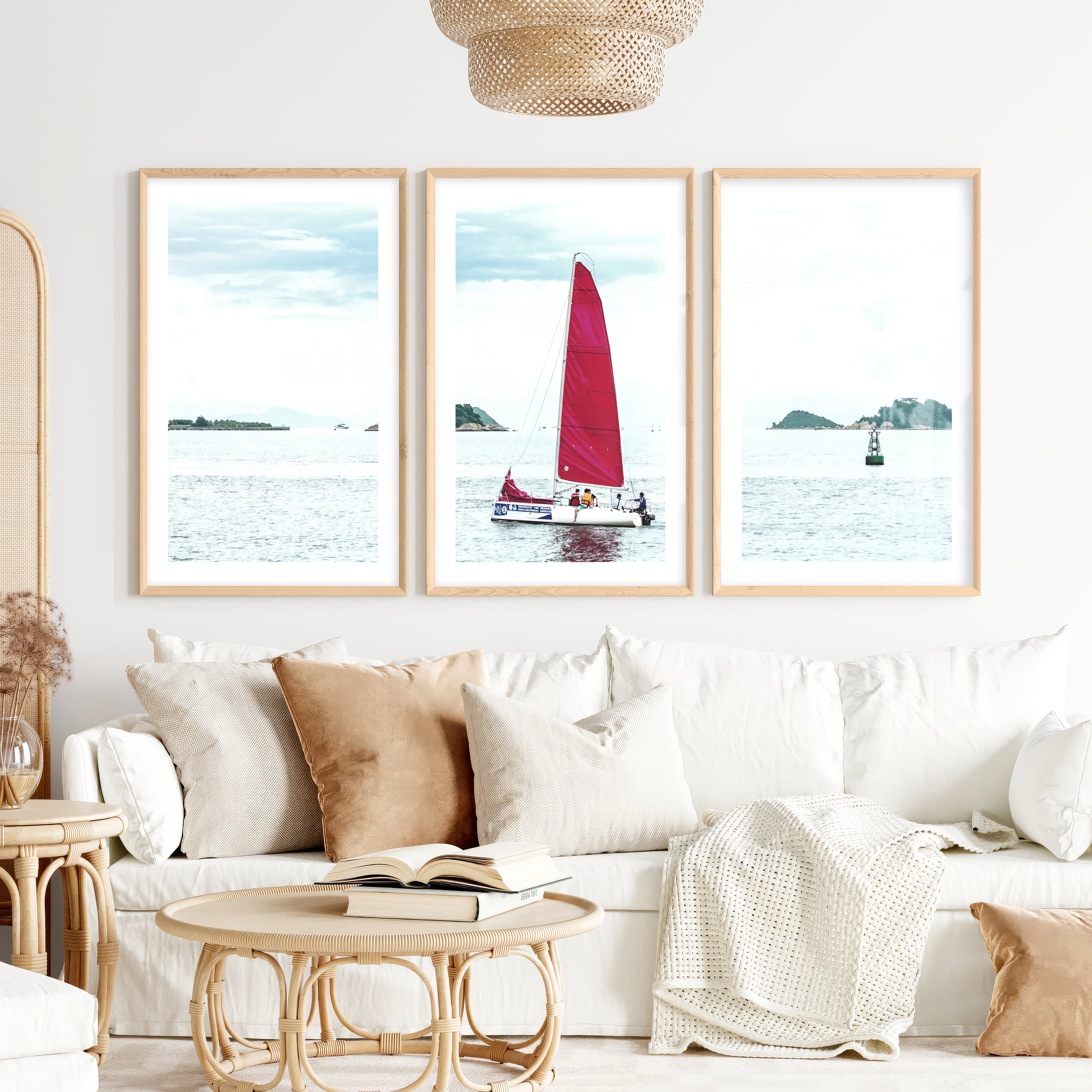 Red Sailboat ocean wall poster- Natural Wood Framed Poster with White Border - Artworksets