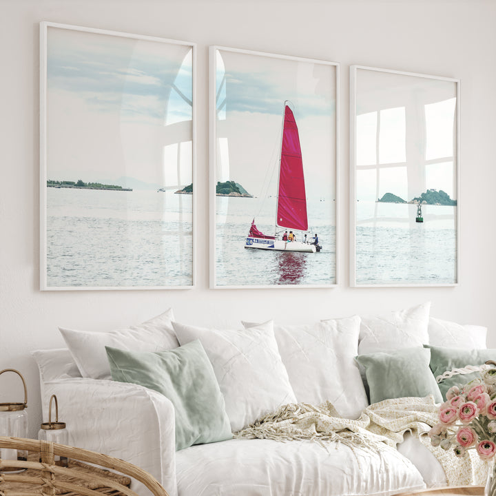 Red Sailboat ocean wall poster - White Framed Poster No Border - Artworksets