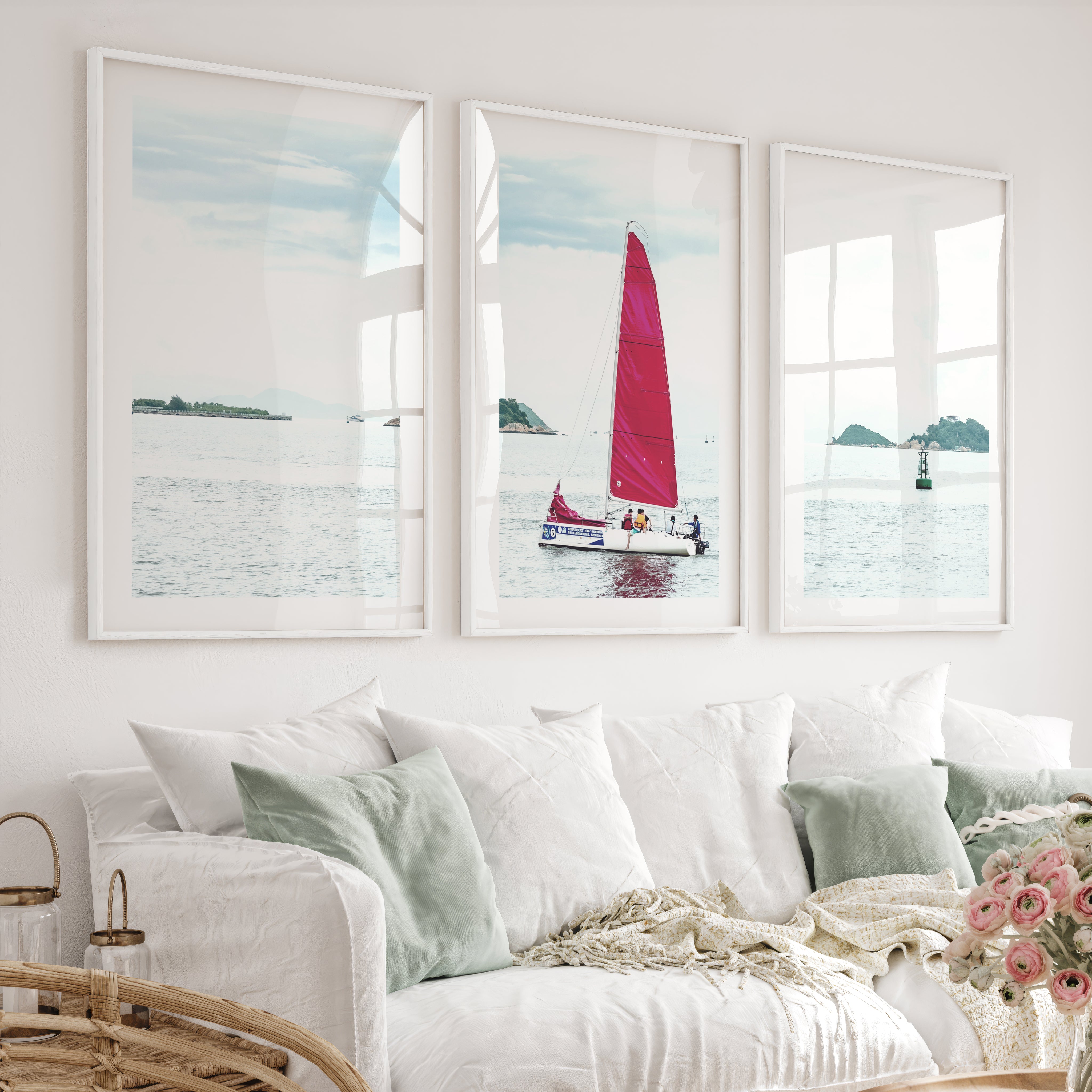 Red Sailboat ocean wall poster - White Framed Poster with White Border - Artworksets