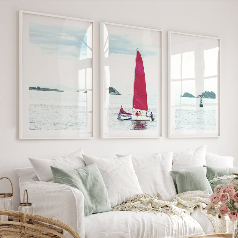 Red Sailboat ocean wall poster - White Framed Poster with White Border - Artworksets