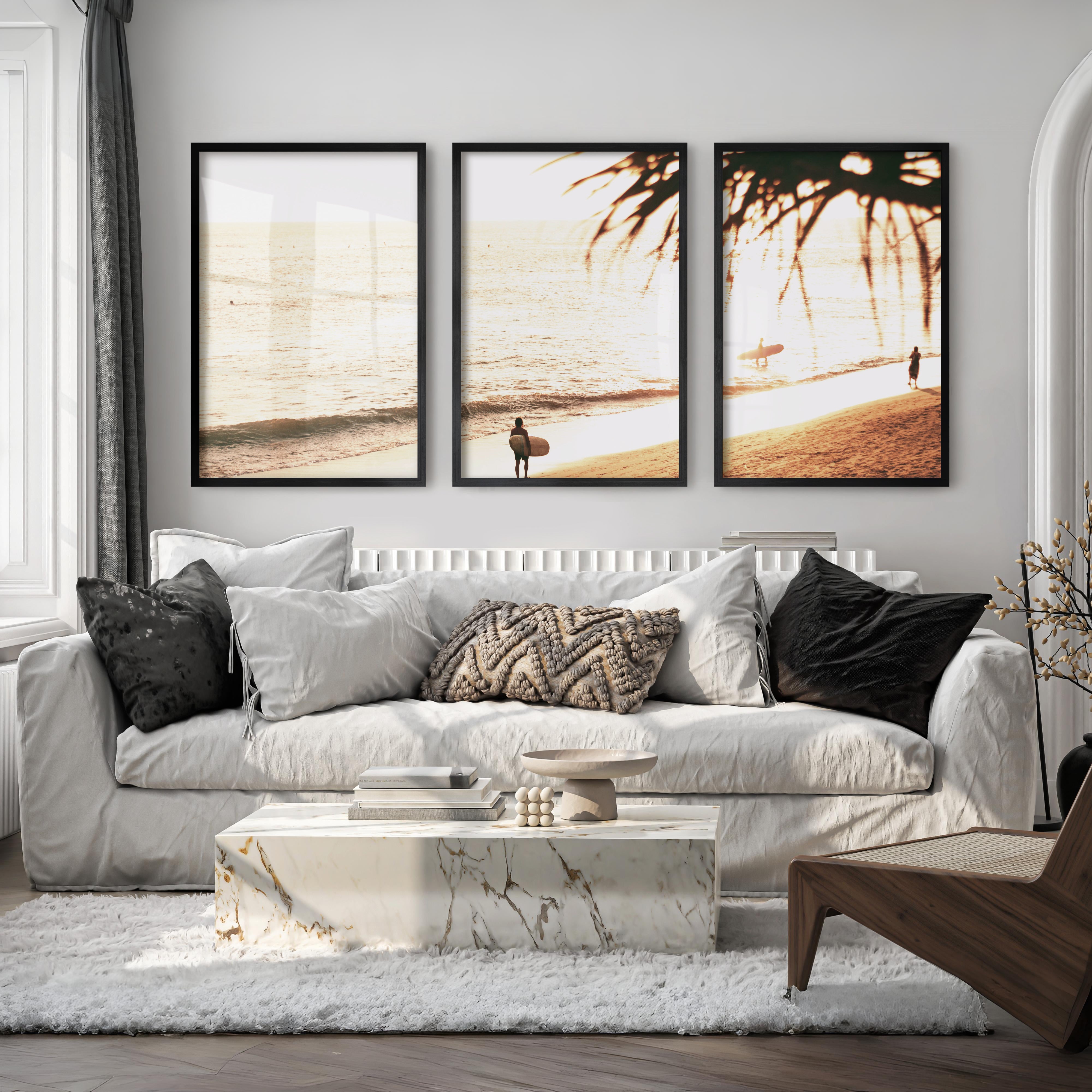 Golden Surfer Shore Ocean Wall Prints - Black Framed Poster No Border - Artworksets