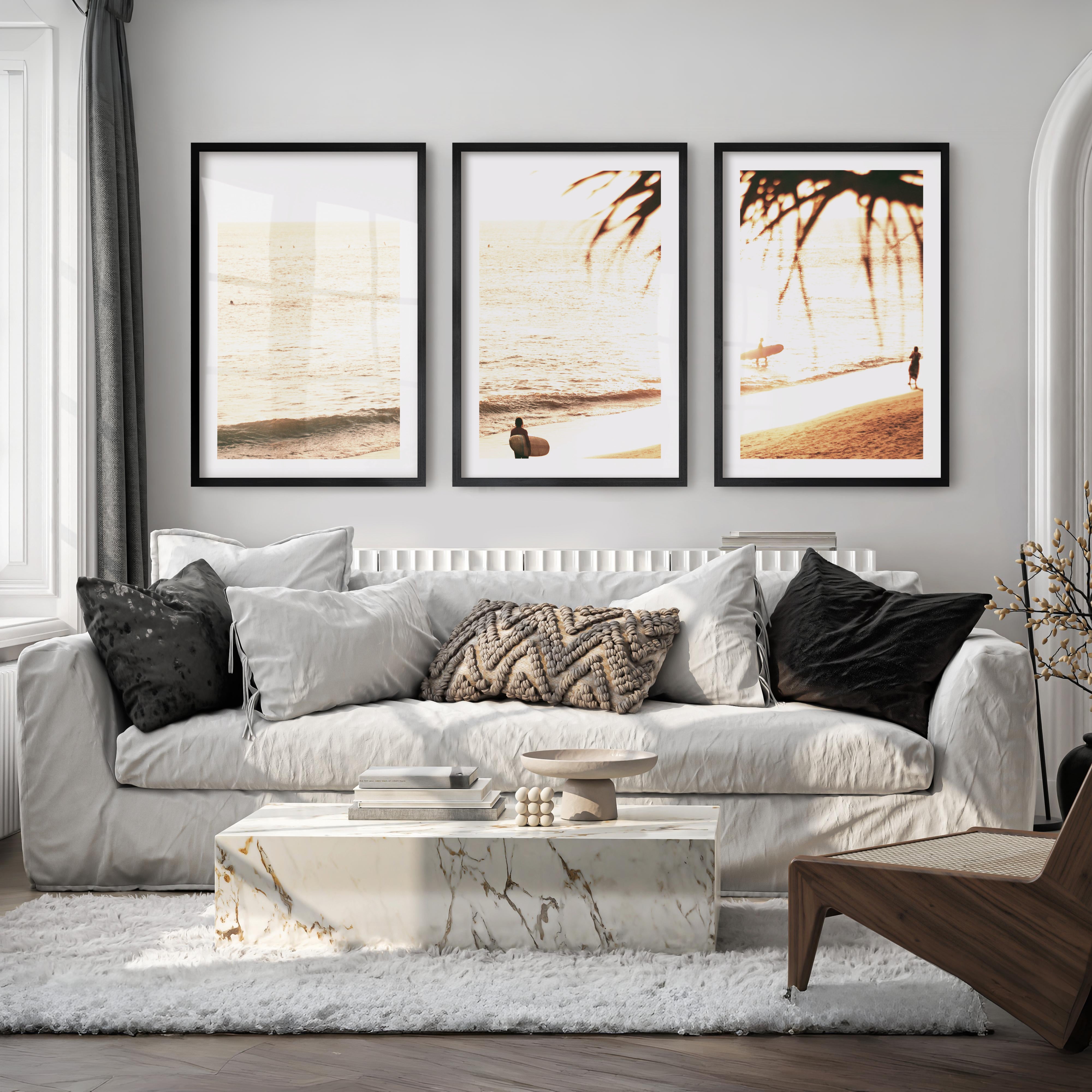 Golden Surfer Shore Ocean Wall Prints - Black Framed Poster with White Border - Artworksets