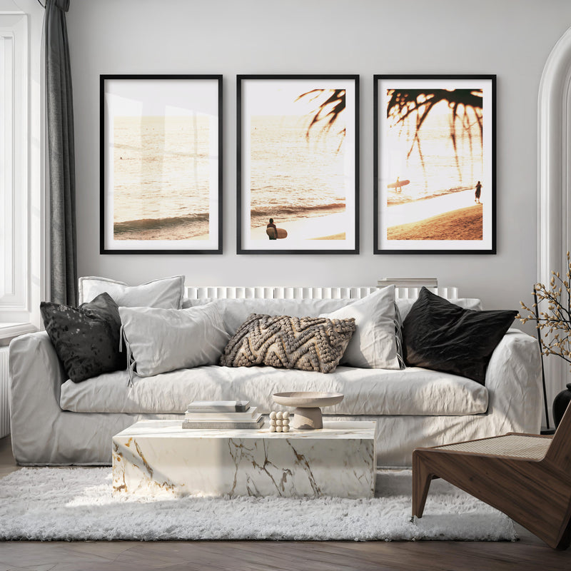 Golden Surfer Shore Ocean Wall Prints - Black Framed Poster with White Border - Artworksets