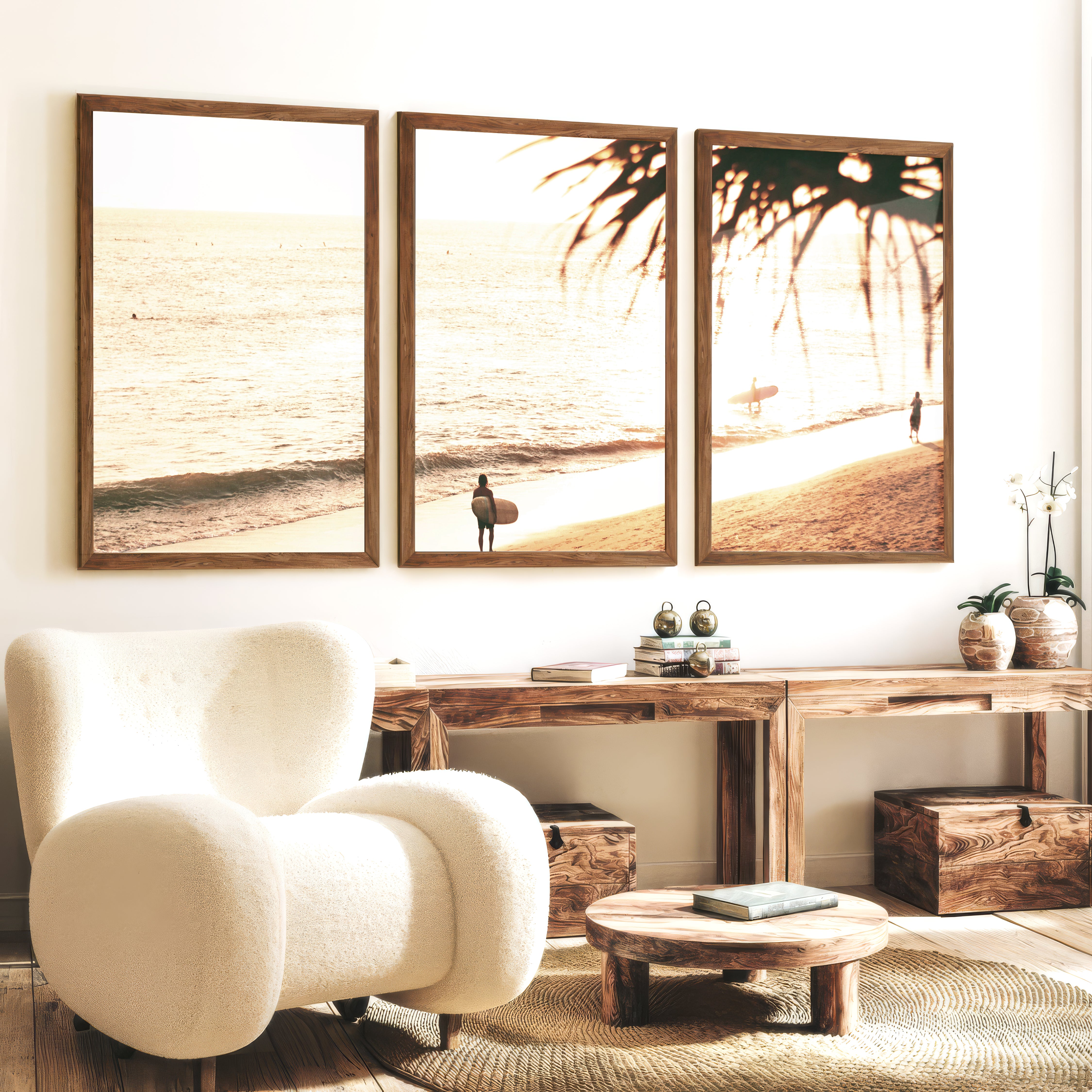 Golden Surfer Shore Ocean Wall Prints - Dark Brown Framed Poster No Border - Artworksets