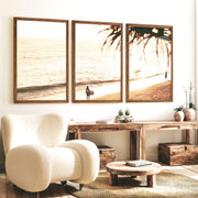 Golden Surfer Shore Ocean Wall Prints - Dark Brown Framed Poster No Border - Artworksets