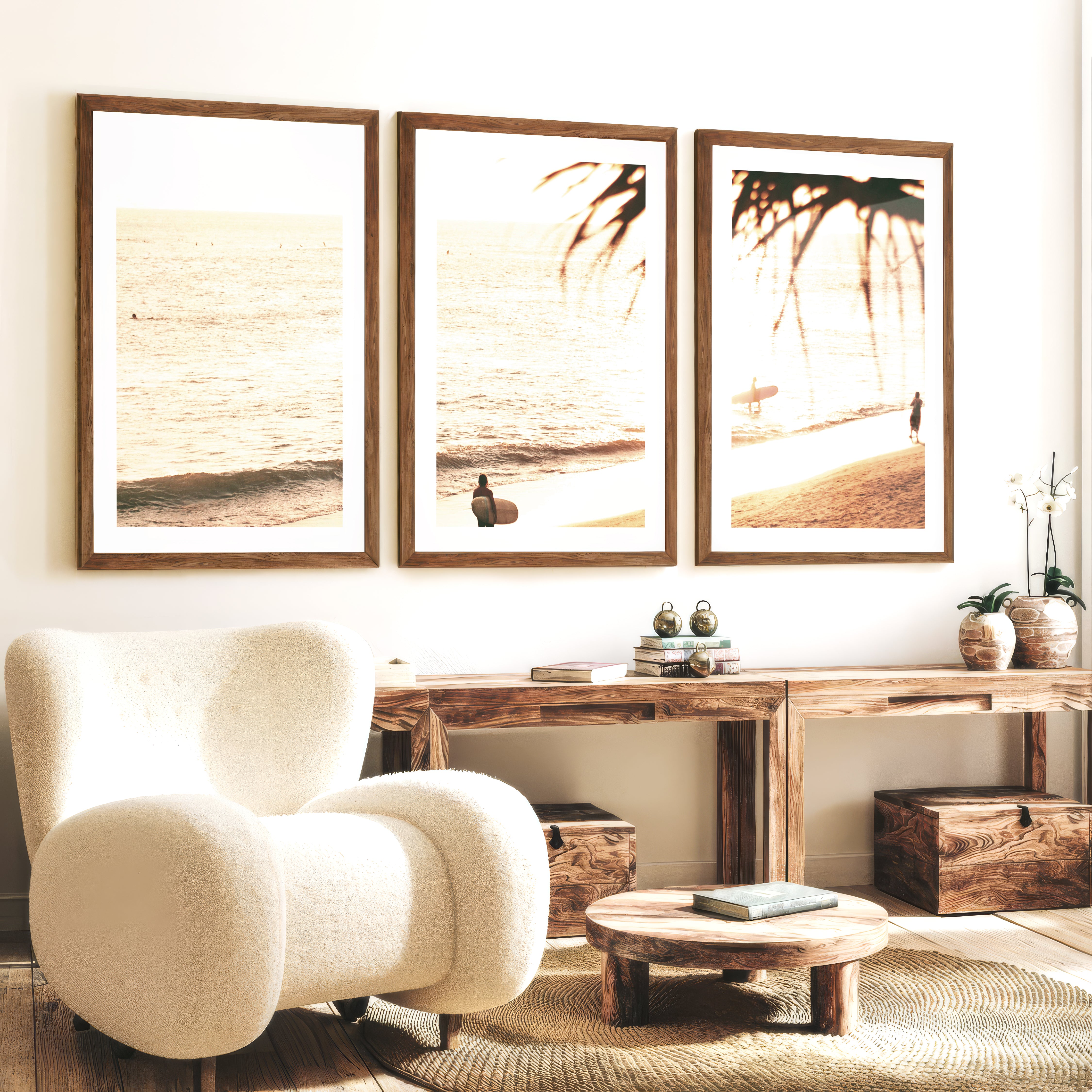Golden Surfer Shore Ocean Wall Prints - Dark Brown Framed Poster with White Border - Artworksets