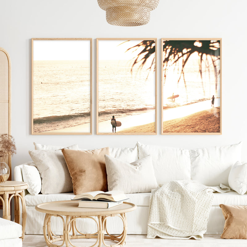Golden Surfer Shore Ocean Wall Prints - Natural Wood Framed Poster No Border - Artworksets