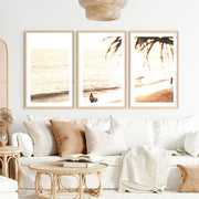 Golden Surfer Shore Ocean Wall Prints- Natural Wood Framed Poster with White Border - Artworksets