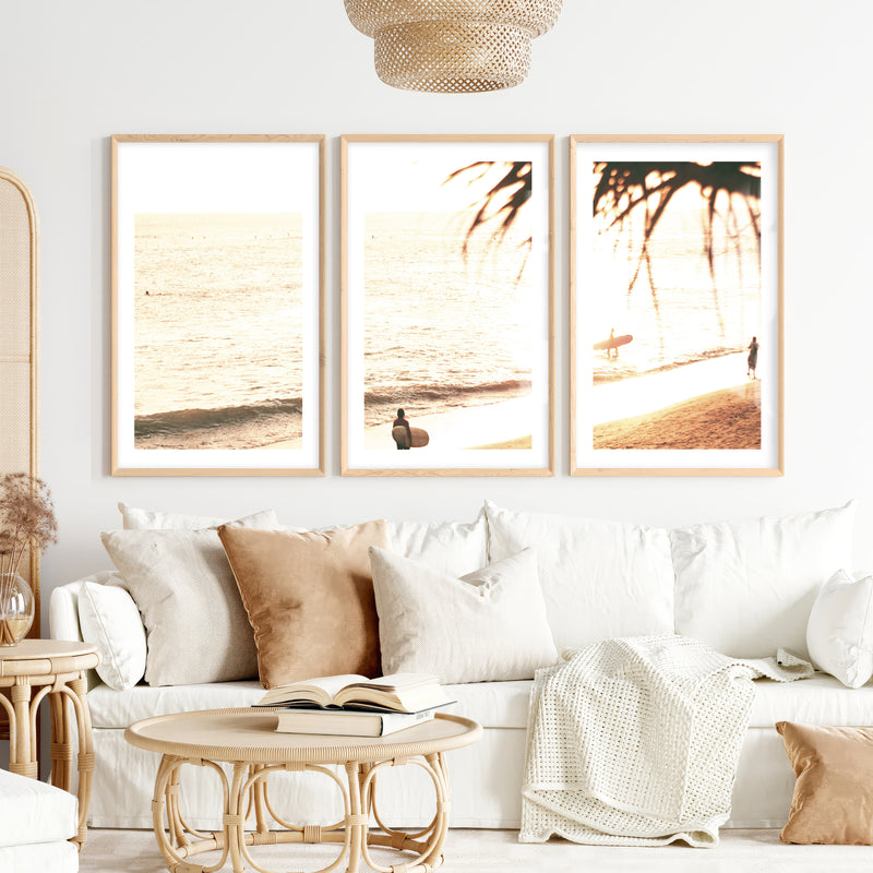 Golden Surfer Shore Ocean Wall Prints- Natural Wood Framed Poster with White Border - Artworksets