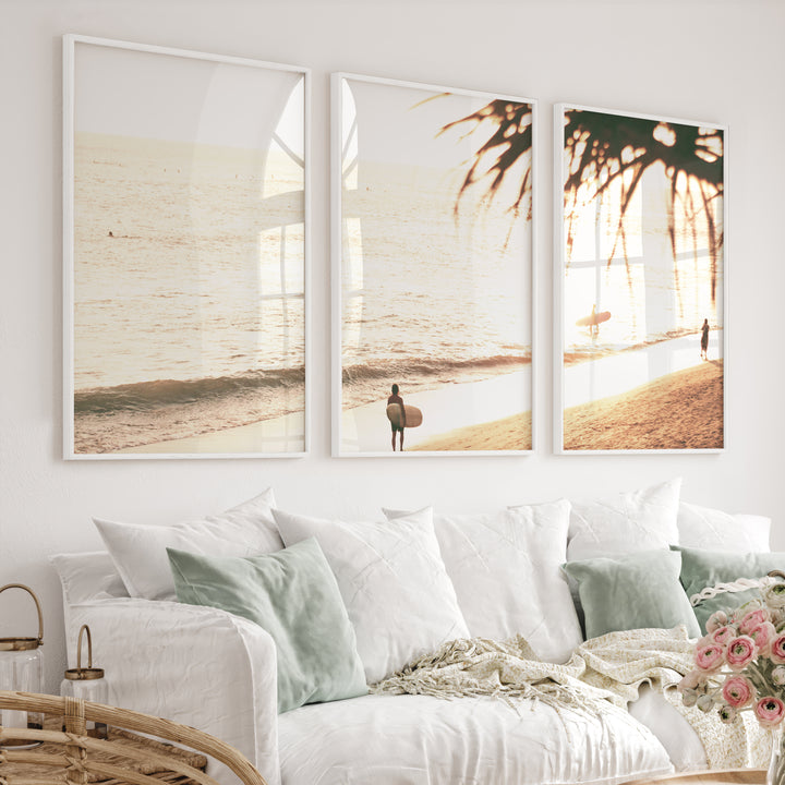Golden Surfer Shore Ocean Wall Prints - White Framed Poster No Border - Artworksets