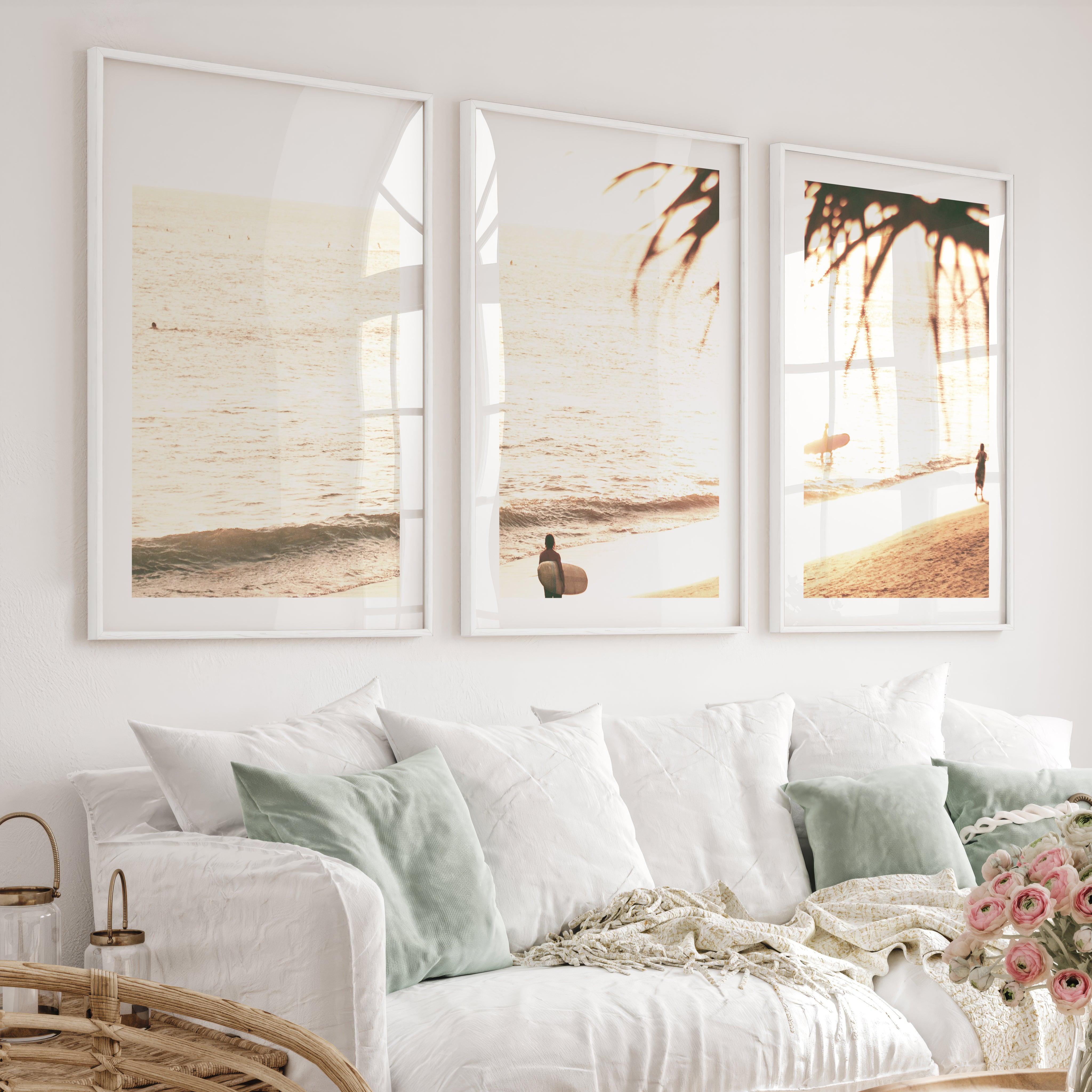 Golden Surfer Shore Ocean Wall Prints - White Framed Poster with White Border - Artworksets