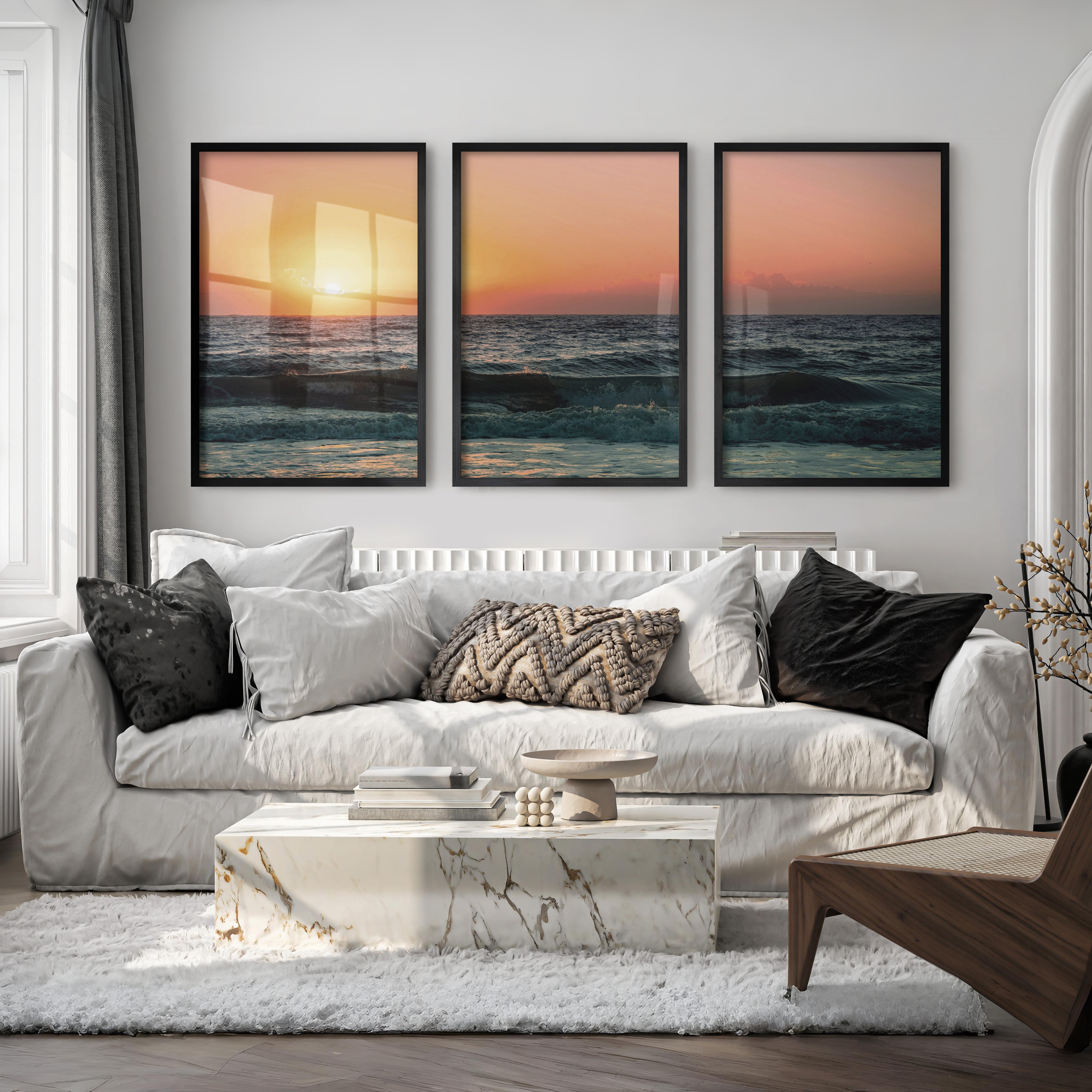 Orange Horizon ocean wave art - Black Framed Poster No Border - Artworksets