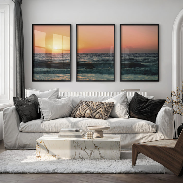 Orange Horizon ocean wave art - Black Framed Poster No Border - Artworksets