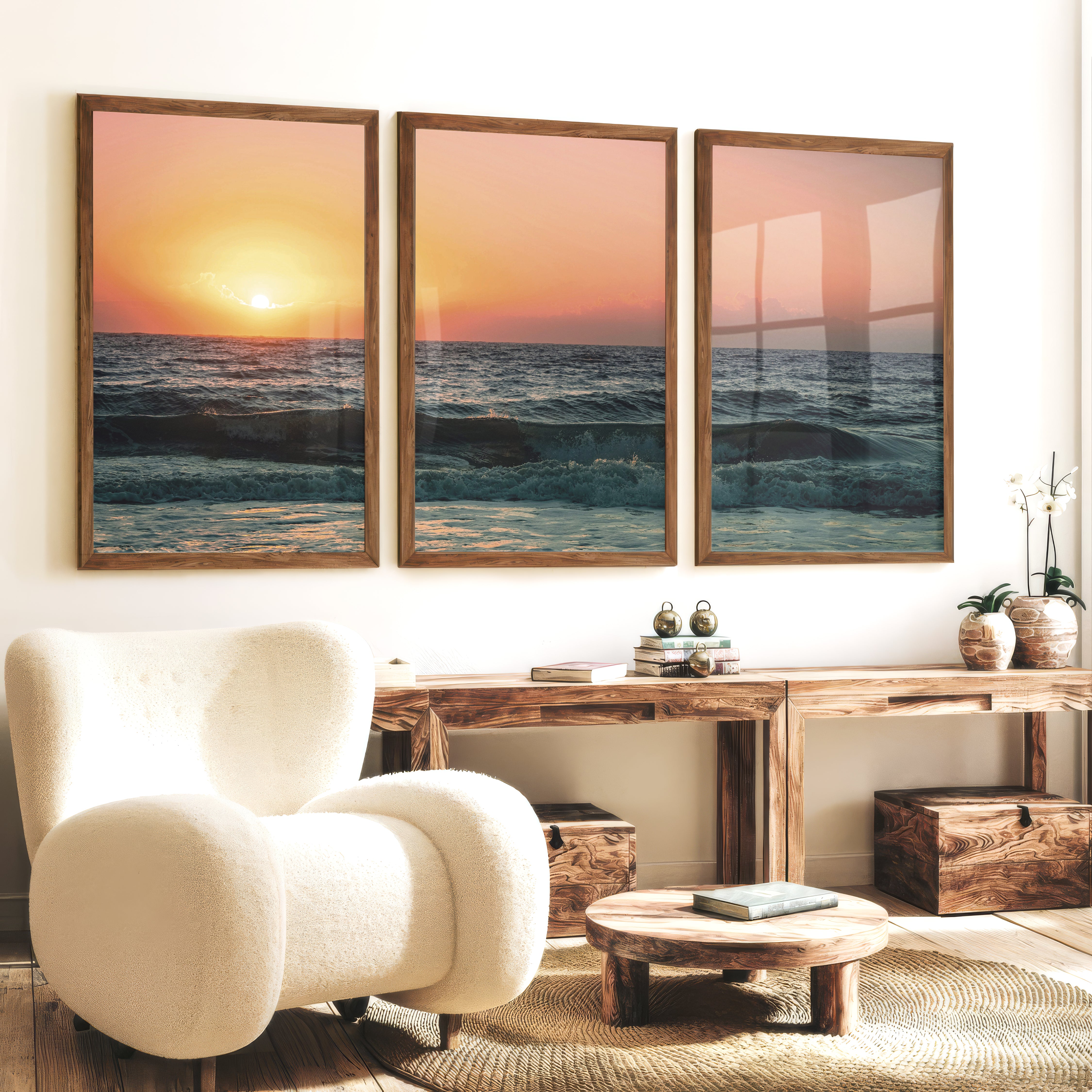 Orange Horizon ocean wave art - Dark Brown Framed Poster No Border - Artworksets
