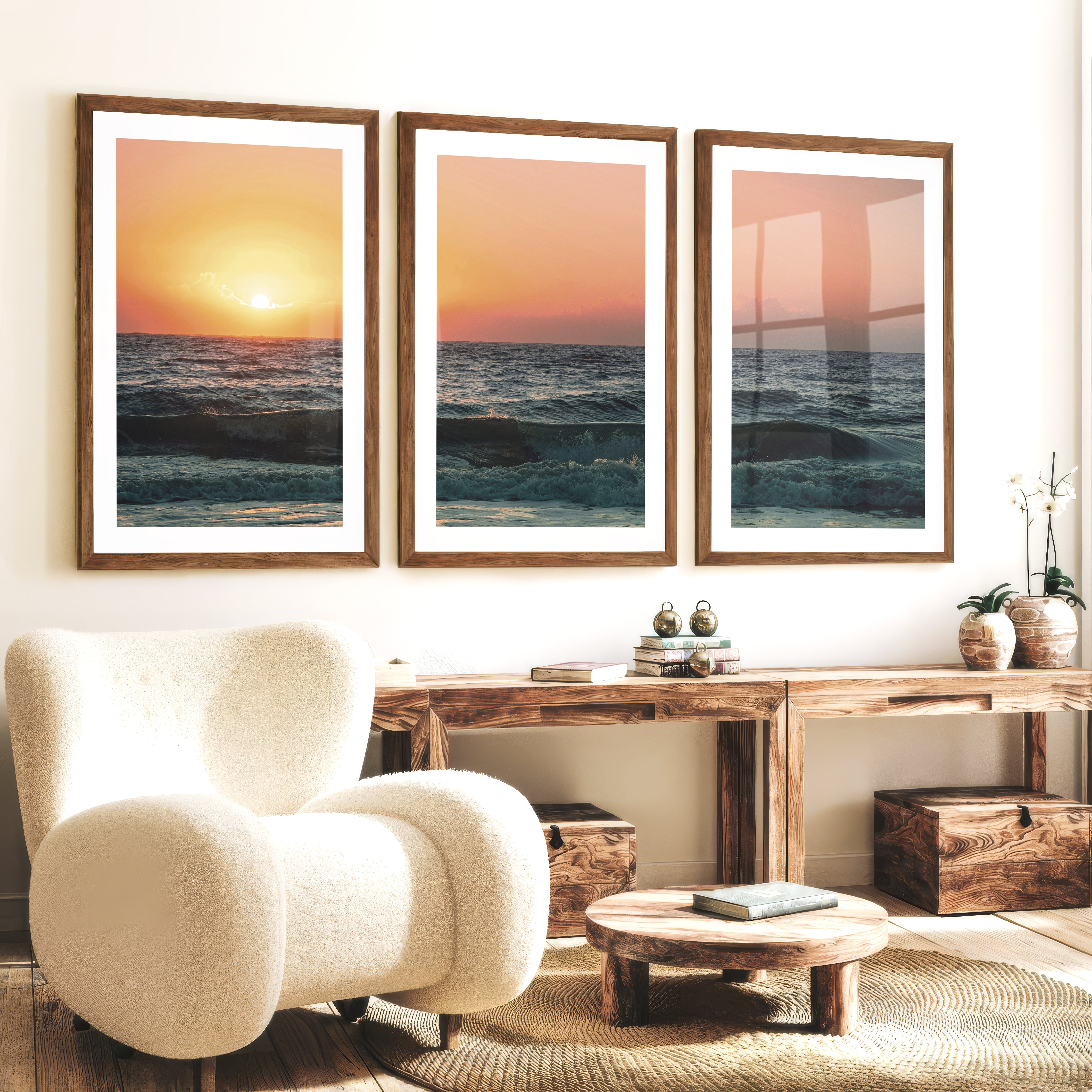 Orange Horizon ocean wave art - Dark Brown Framed Poster with White Border - Artworksets