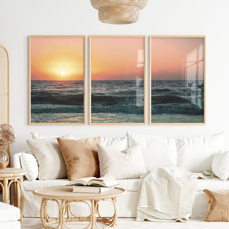 Orange Horizon ocean wave art - Natural Wood Framed Poster No Border - Artworksets