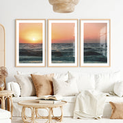 Orange Horizon ocean wave art- Natural Wood Framed Poster with White Border - Artworksets