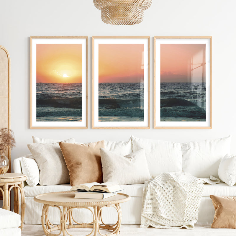Orange Horizon ocean wave art- Natural Wood Framed Poster with White Border - Artworksets