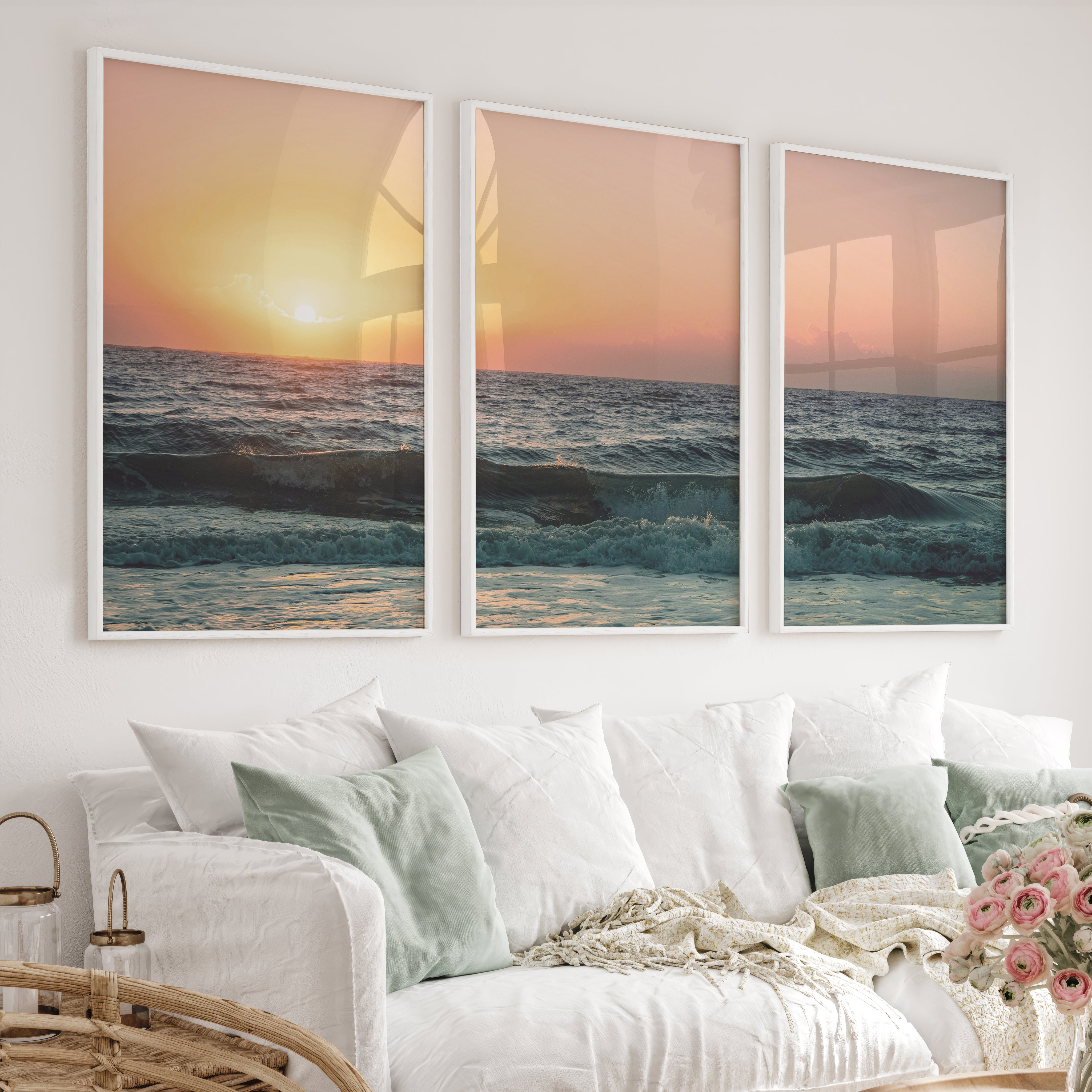 Orange Horizon ocean wave art - White Framed Poster No Border - Artworksets