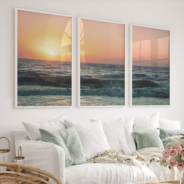 Orange Horizon ocean wave art - White Framed Poster No Border - Artworksets