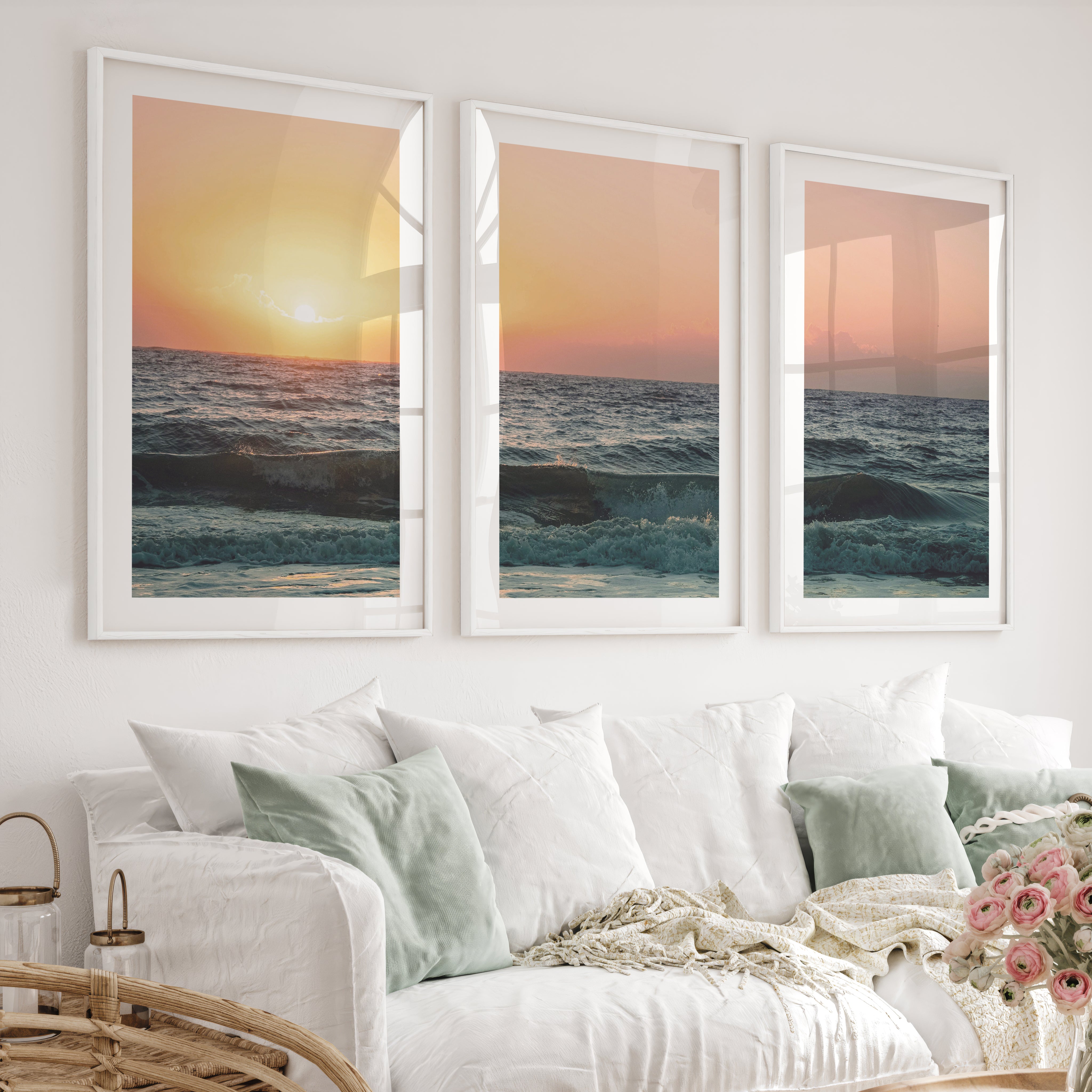 Orange Horizon ocean wave art - White Framed Poster with White Border - Artworksets