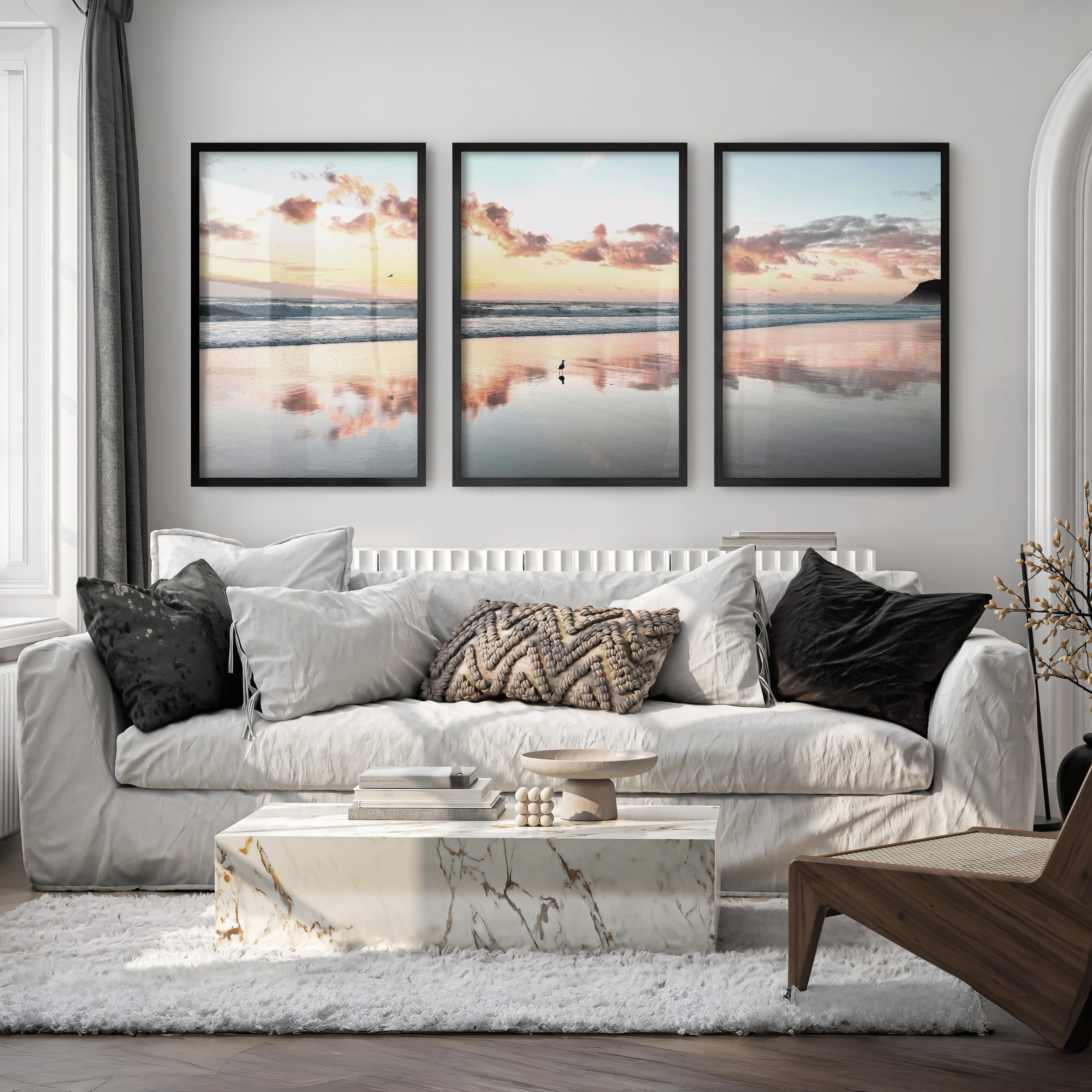 Sunset Beach ocean wave artwork with Shorebird Reflection - Black Framed Poster No Border - Artworksets