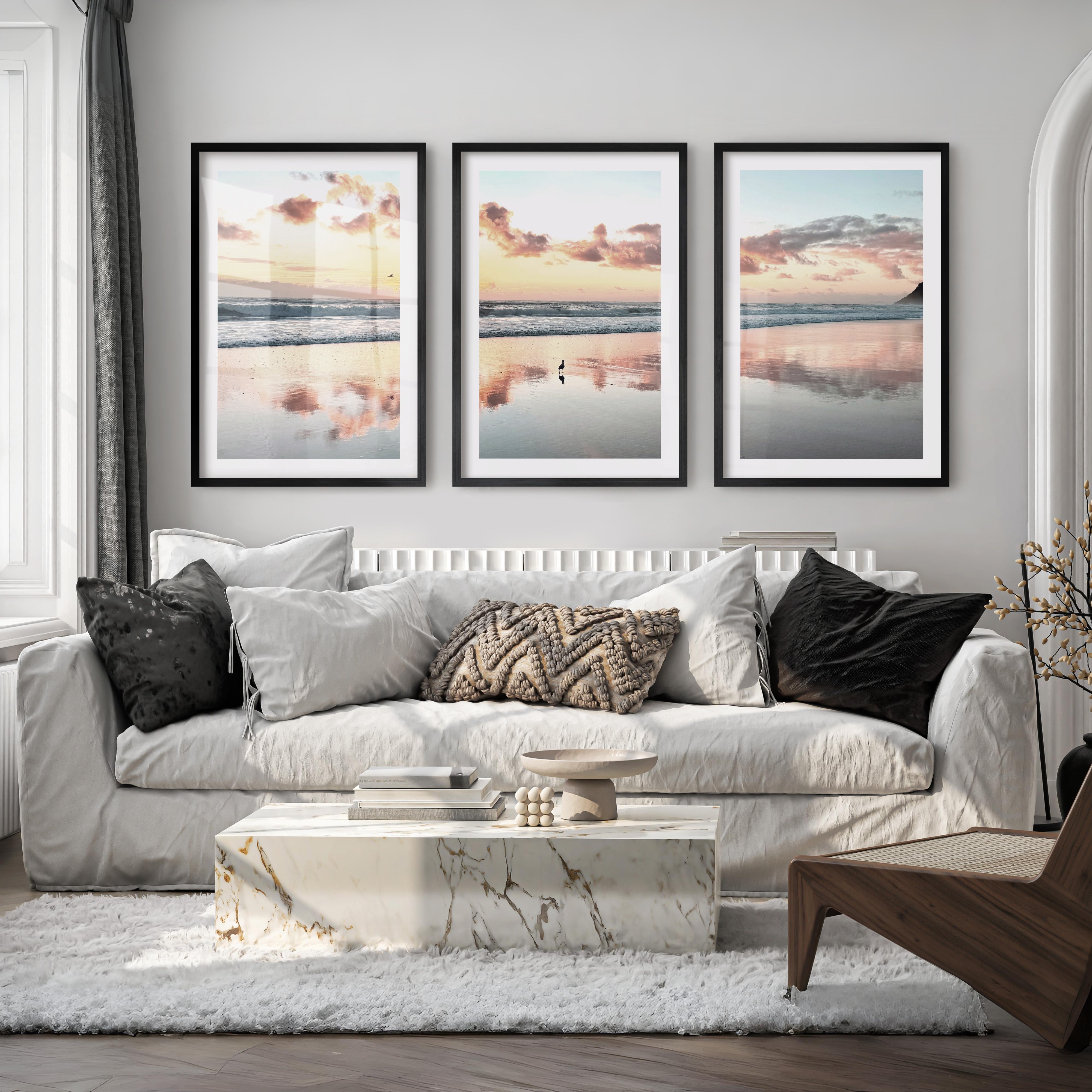Sunset Beach ocean wave artwork with Shorebird Reflection - Black Framed Poster with White Border - Artworksets