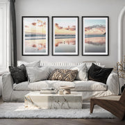 Sunset Beach ocean wave artwork with Shorebird Reflection - Black Framed Poster with White Border - Artworksets