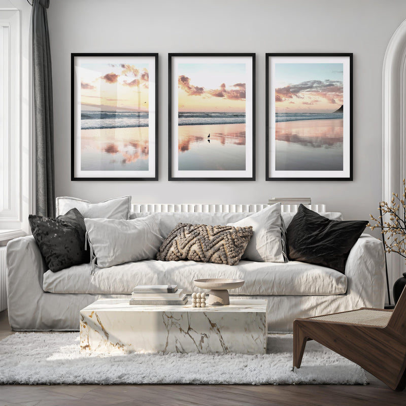 Sunset Beach ocean wave artwork with Shorebird Reflection - Black Framed Poster with White Border - Artworksets